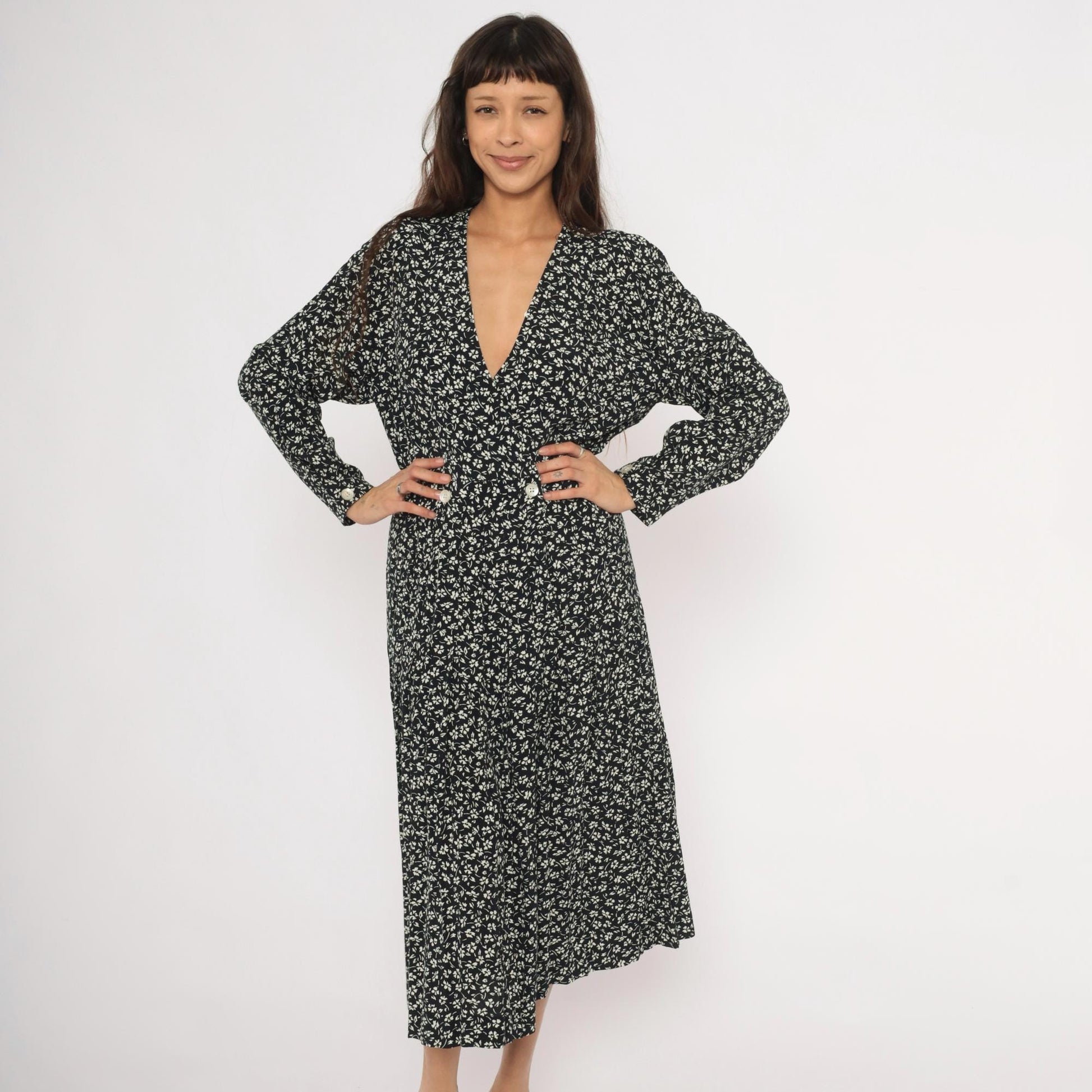 90s Liz Claiborne Black White Floral Midi Dress Double Breasted Large L