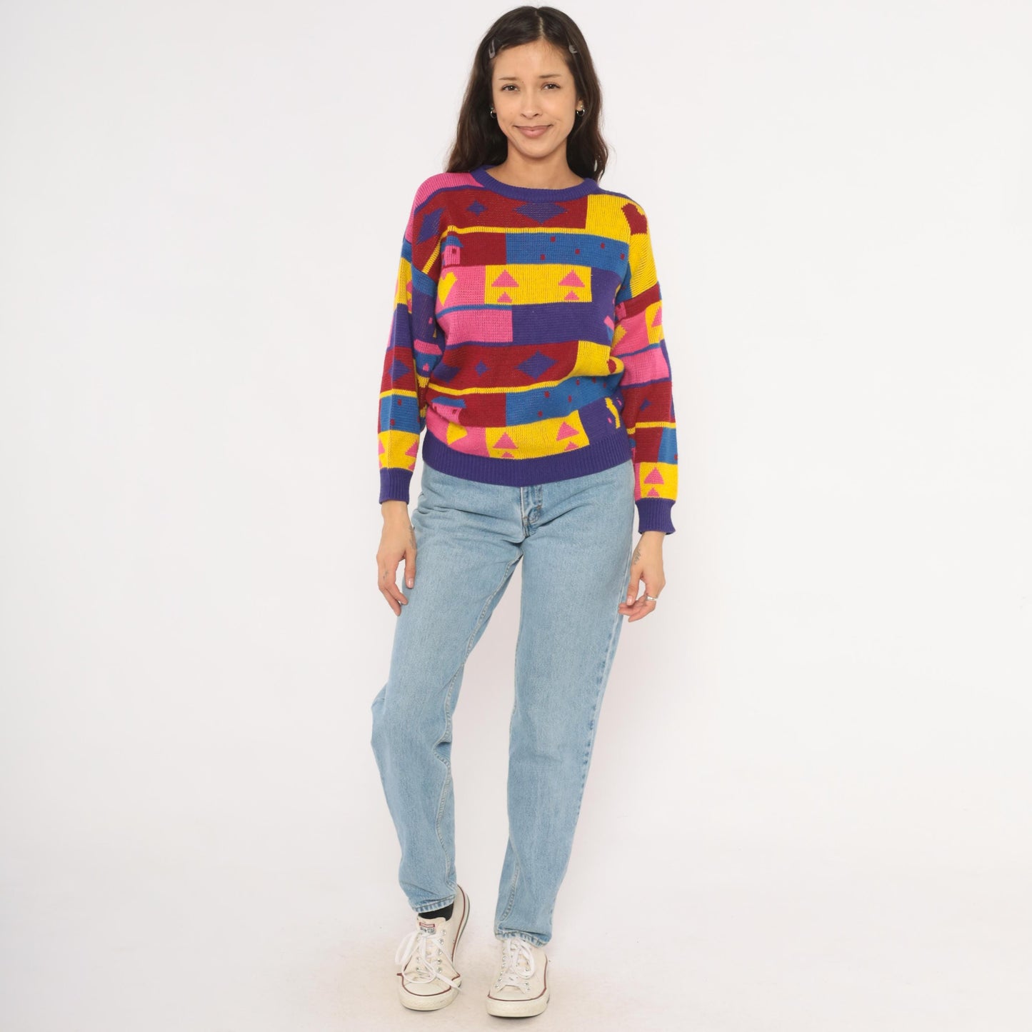 90s Chateau Geometric Colorblock Knit Sweater Purple Pink Yellow Small S