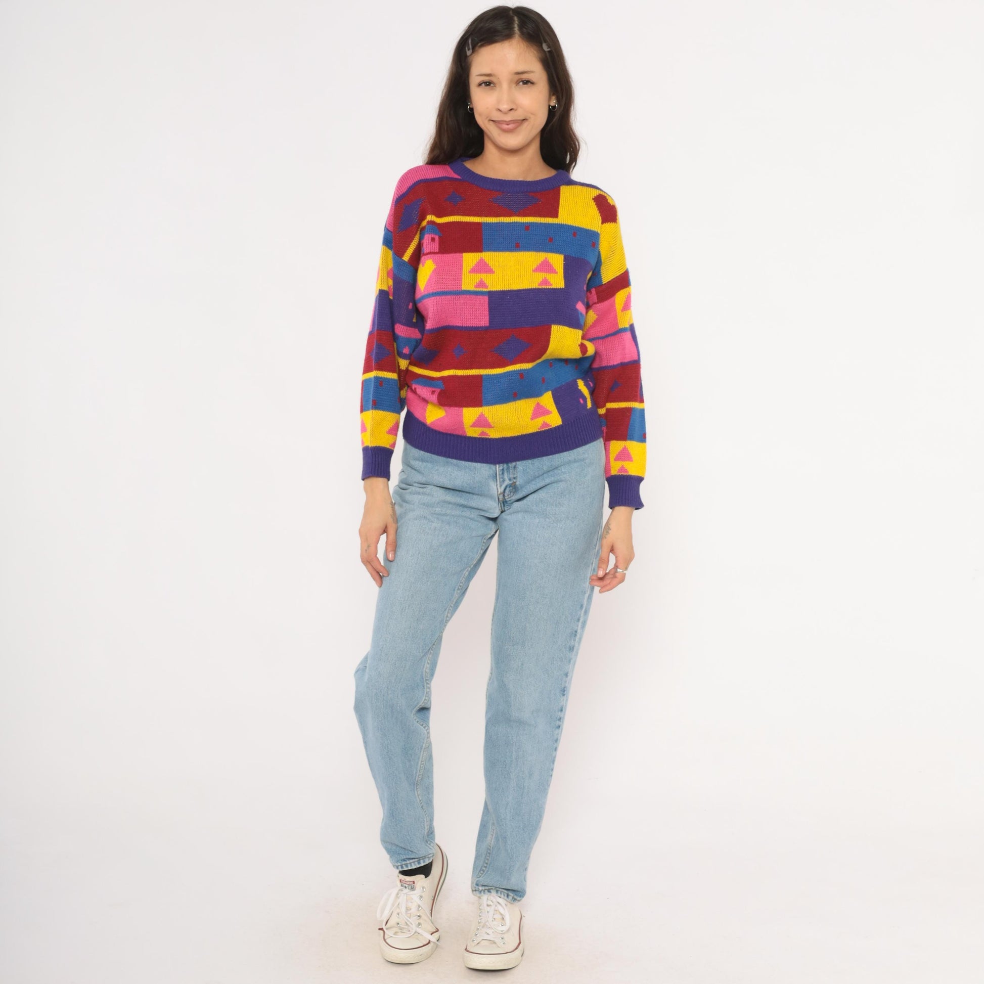 90s Chateau Geometric Colorblock Knit Sweater Purple Pink Yellow Small S