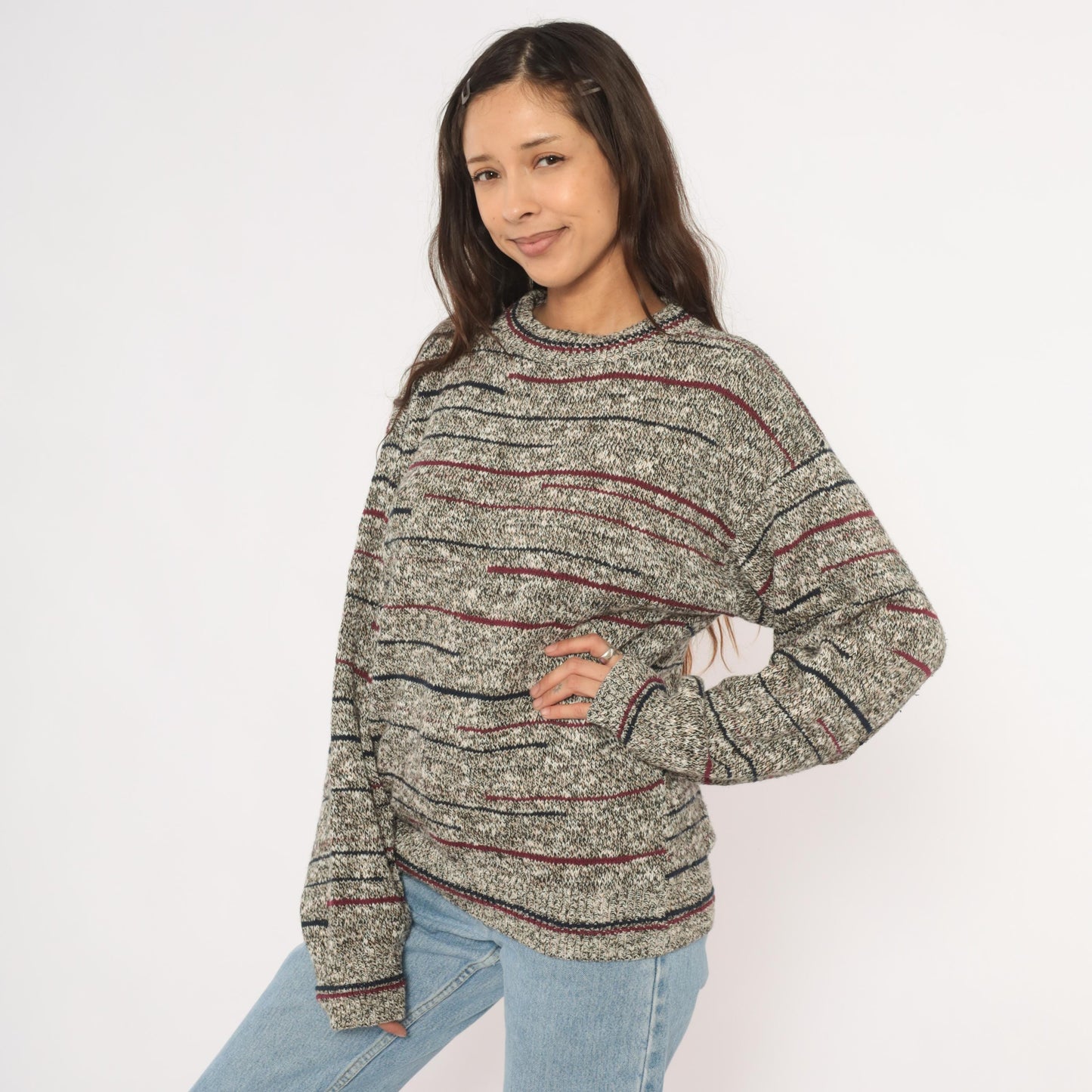 80s Bill Blass Marled Knit Striped Crewneck Pullover Burgundy Navy Grey Unisex Small