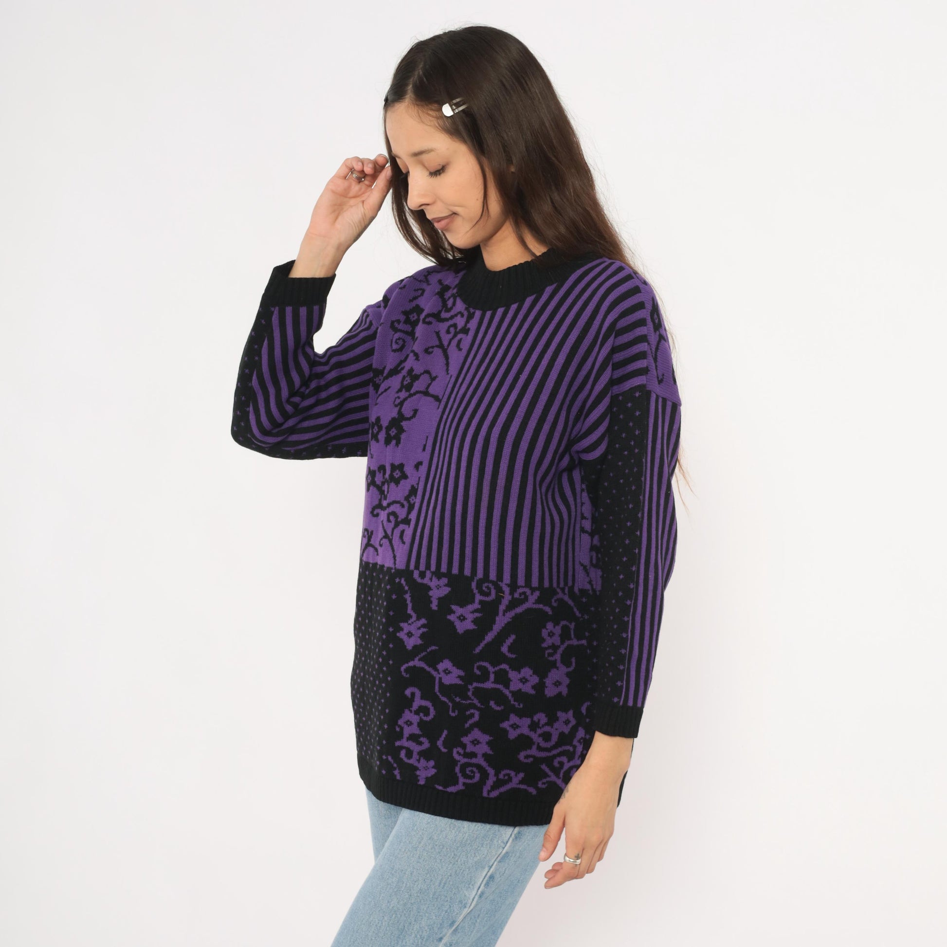 90s Sweater Exchange Purple Mock Neck Knit Patchwork Jacquard Large