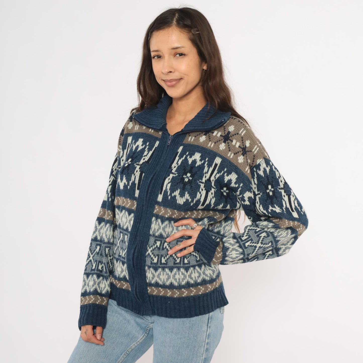80s London Fog Fair Isle Zip Cardigan Navy Taupe Cream Snowflake Medium