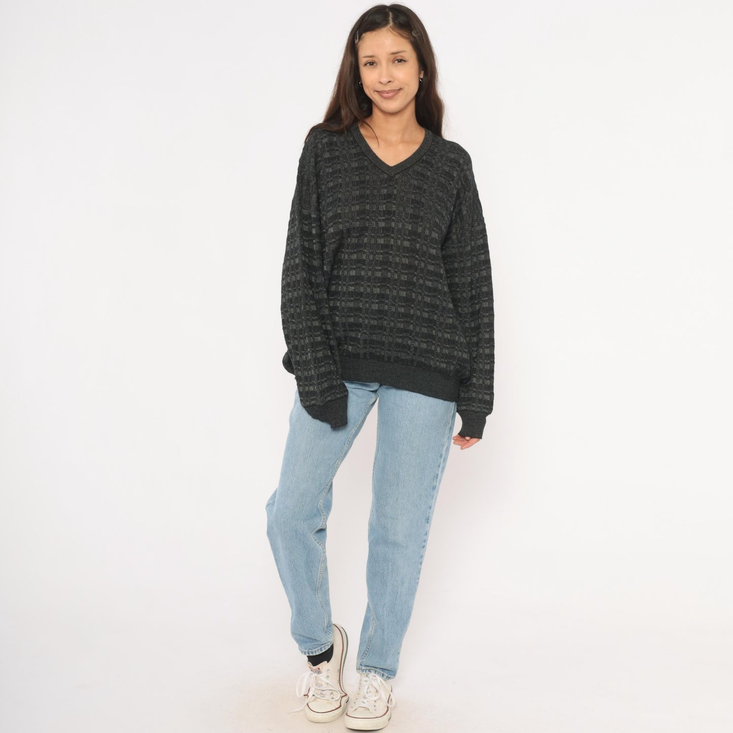 90s Tricots St Raphael Charcoal V-Neck Wool Sweater Checkerboard Knit Extra Large XL