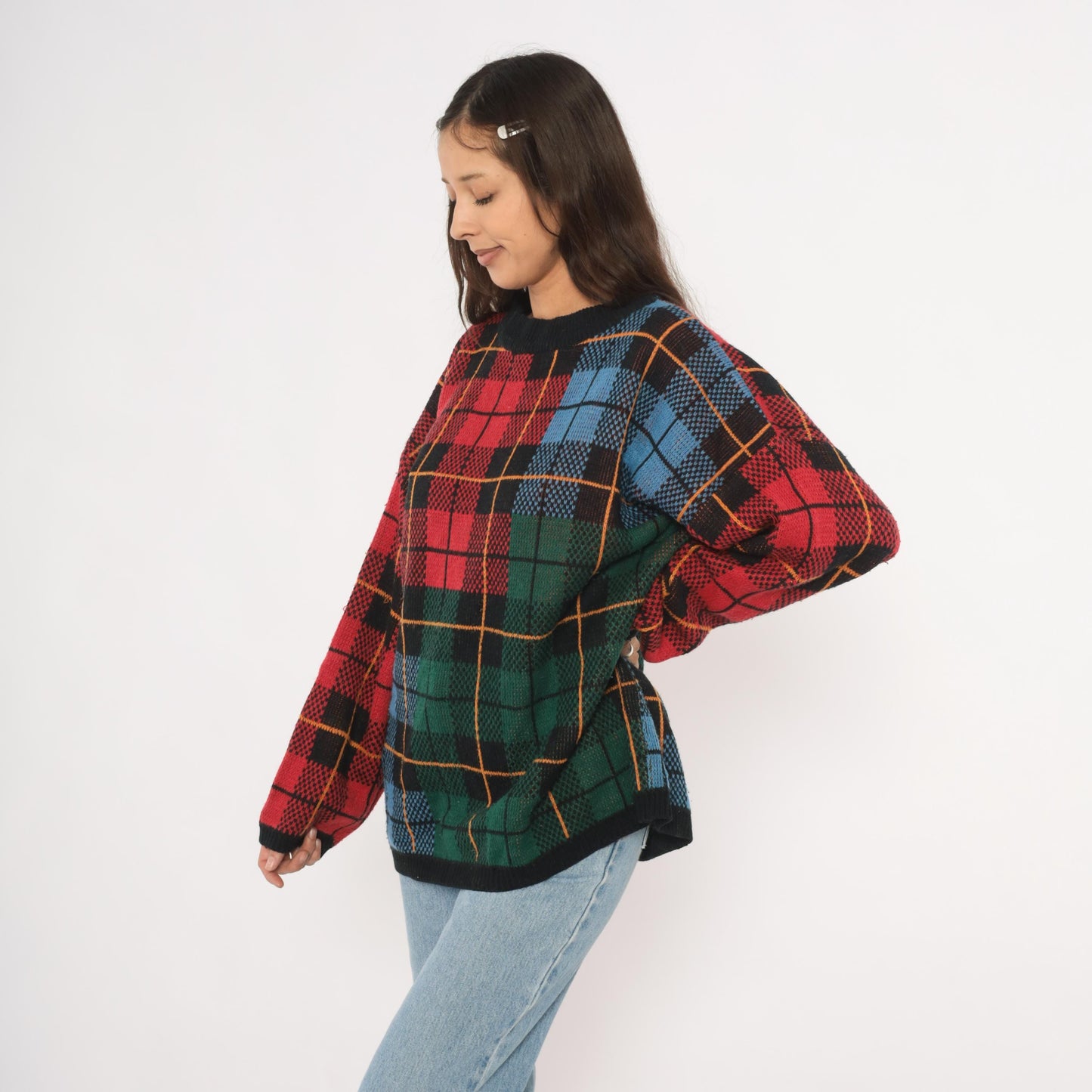 90s Venezia Plaid Knit Pullover Tartan Crewneck Multicolor Extra Large