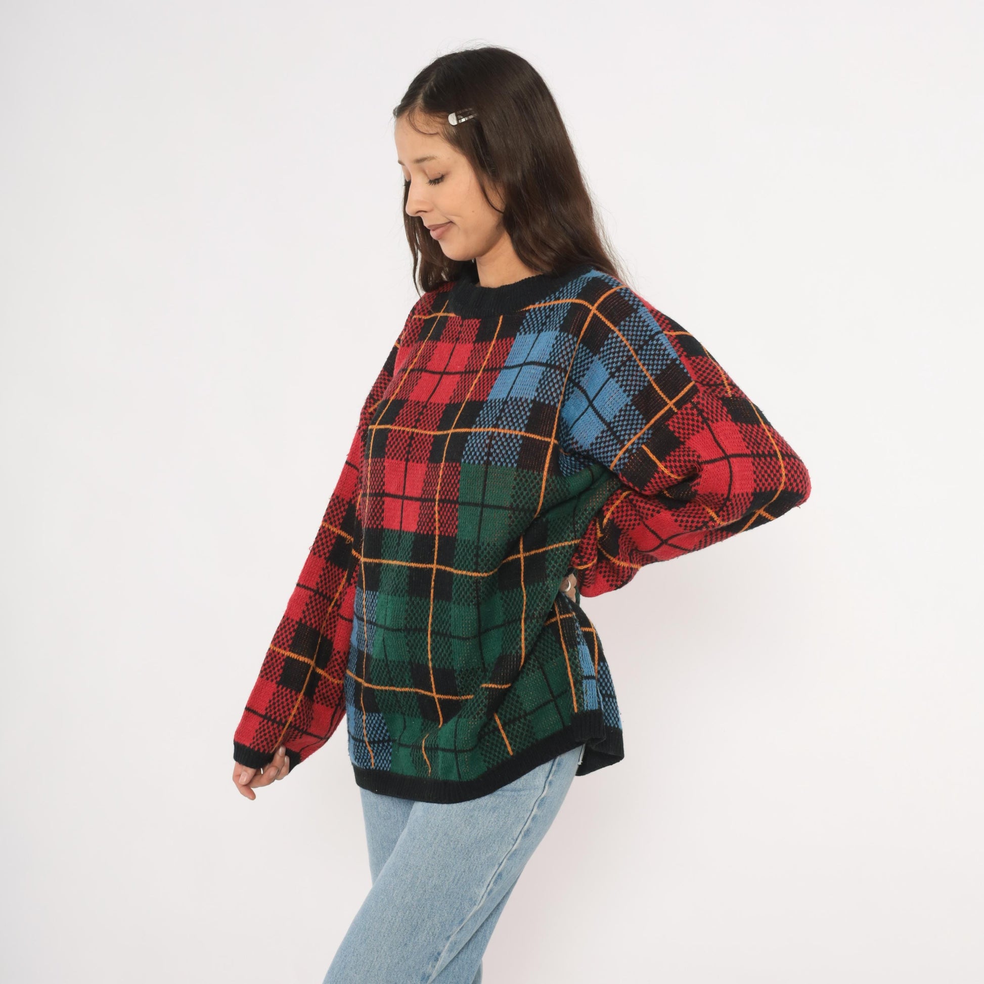 90s Venezia Plaid Knit Pullover Tartan Crewneck Multicolor Extra Large