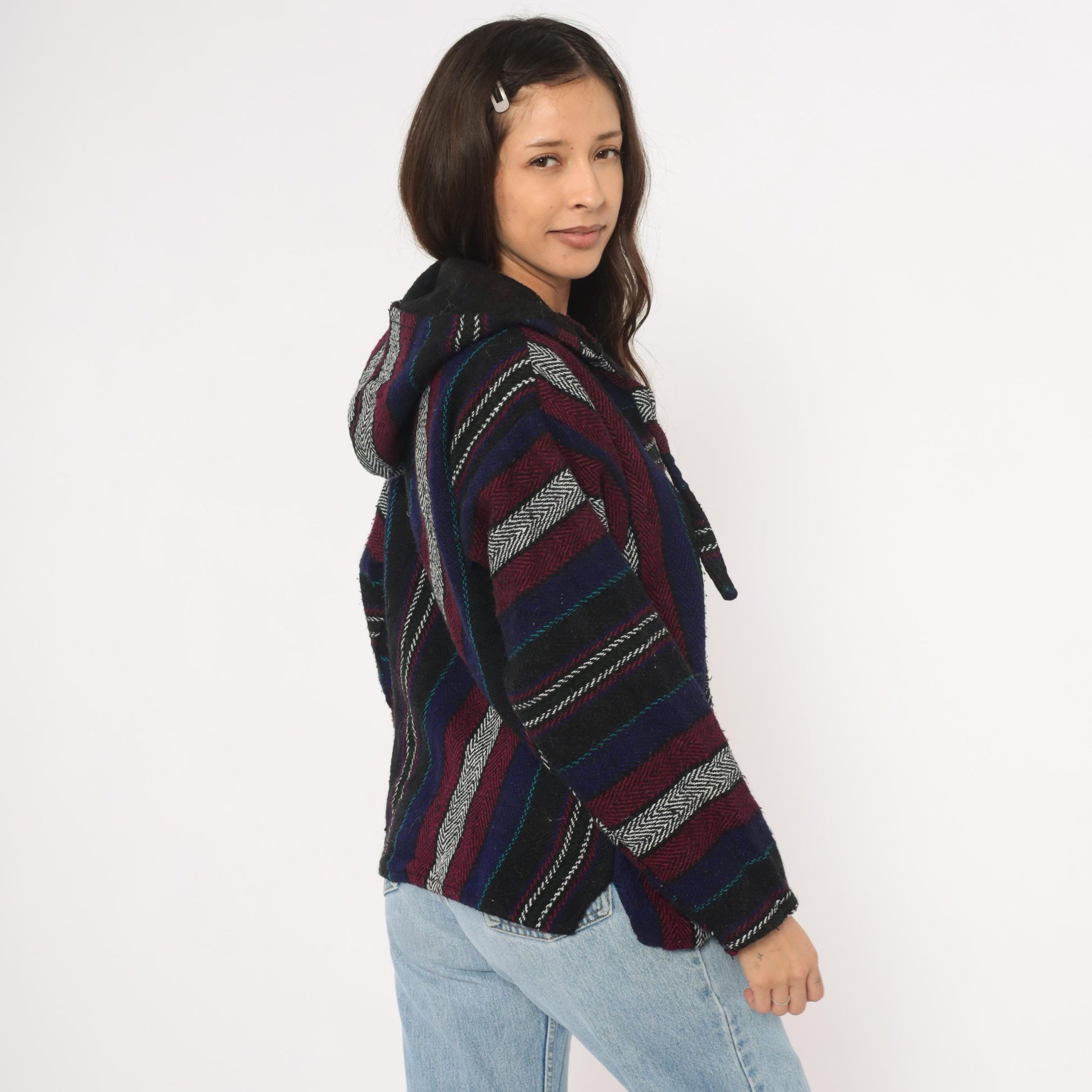 90s Baja Hoodie Striped Navy Burgundy Black Herringbone Weave Small S