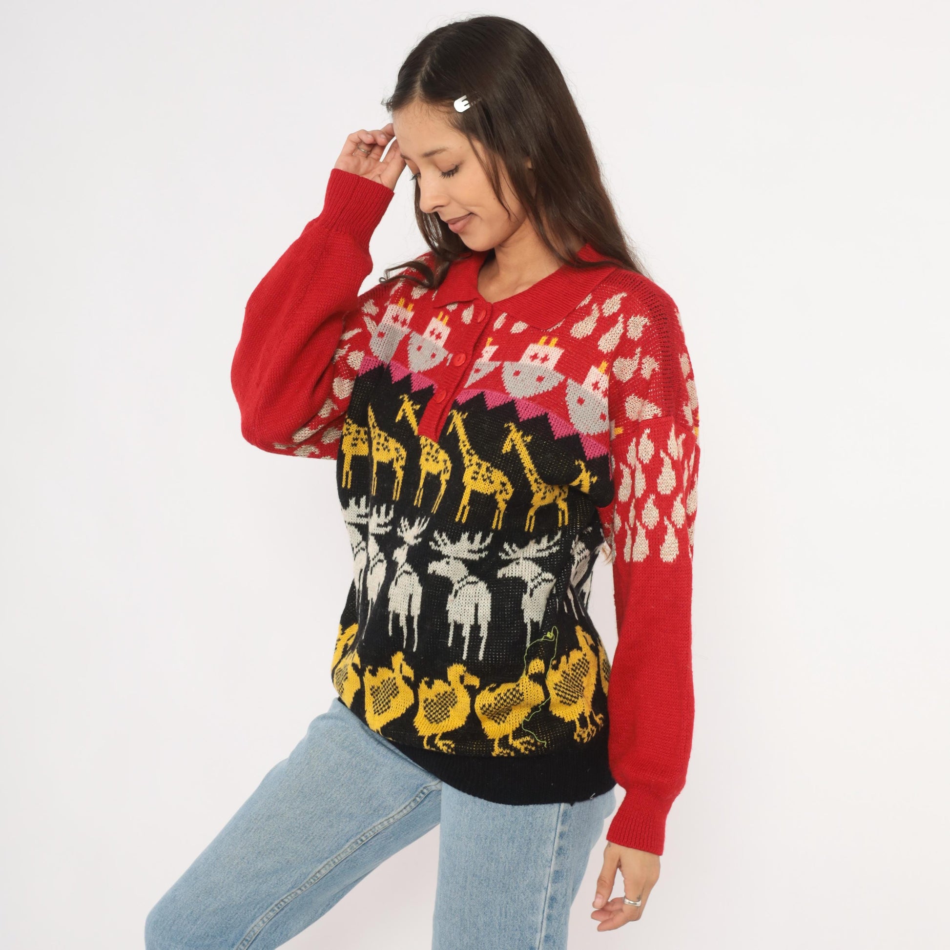 90s Animal Intarsia Knit Sweater Red Black Giraffe Moose Duck Collared Henley Medium M