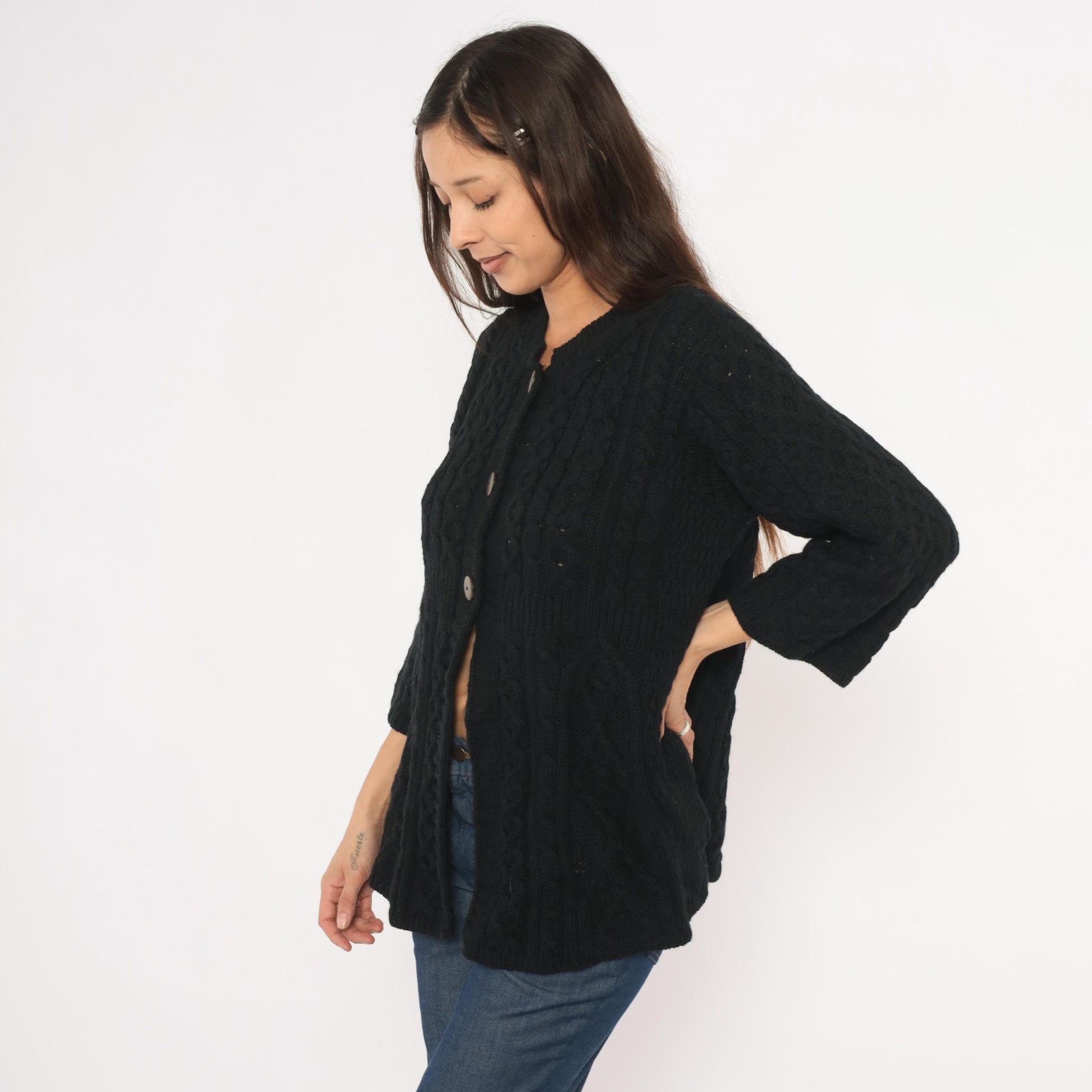 90s Kilronan Knitwear Black Cable Knit Cardigan Wool Crew Neck Medium M