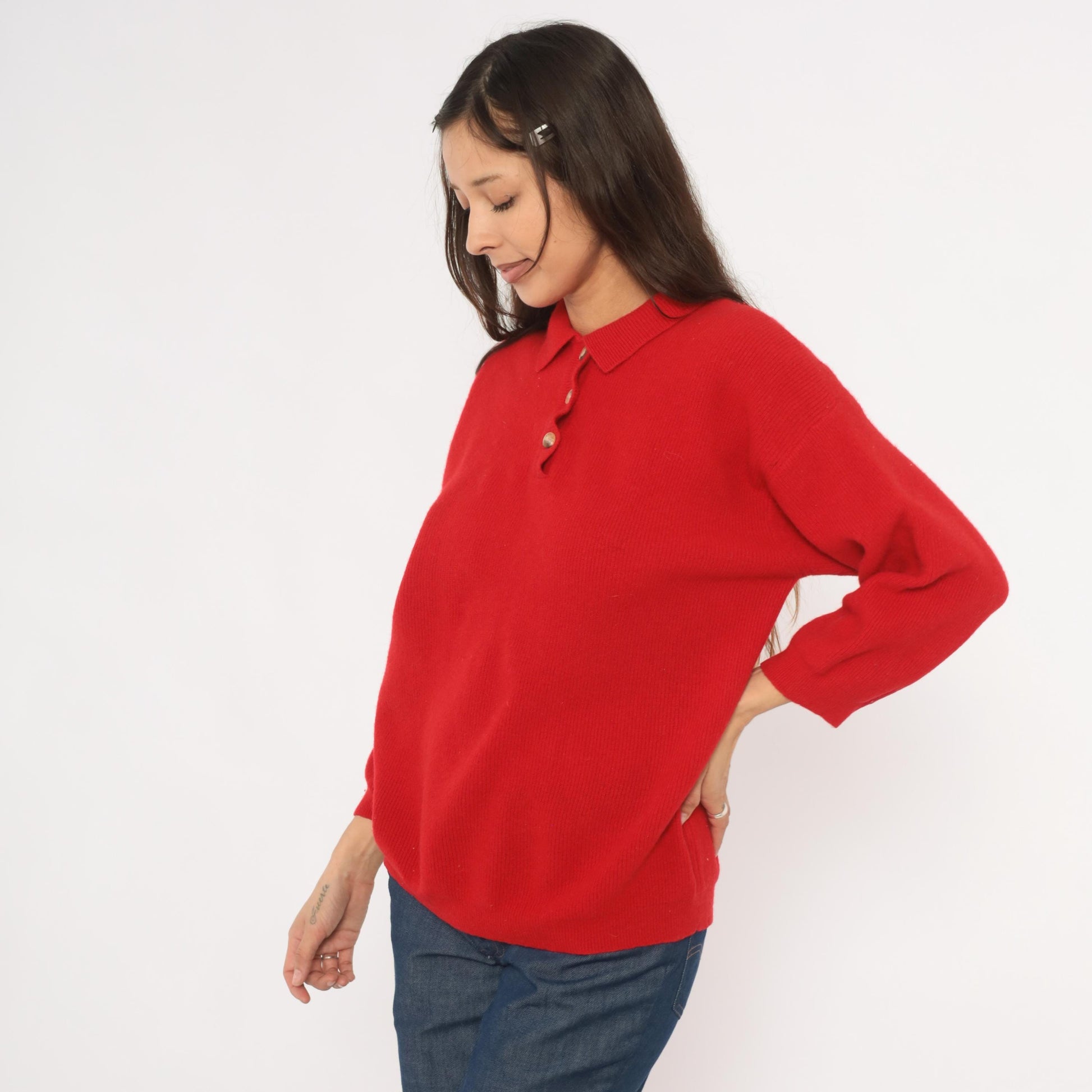 90s Outback Red Polo Sweater Wool Knit Collared Button Pullover Medium