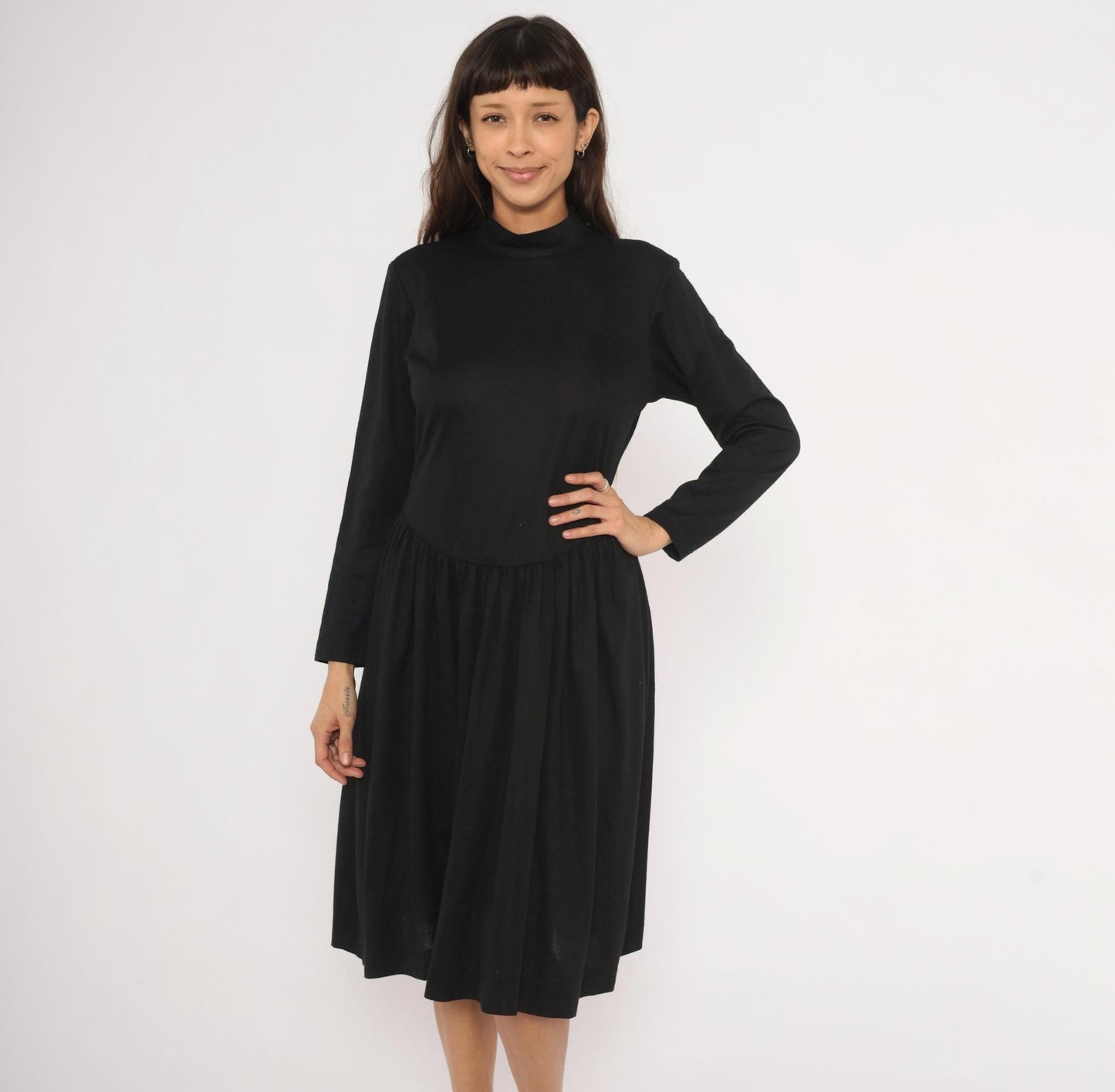 80s Vicky Vaughn Mock Neck Dress Black Drop Waist A-Line Medium M