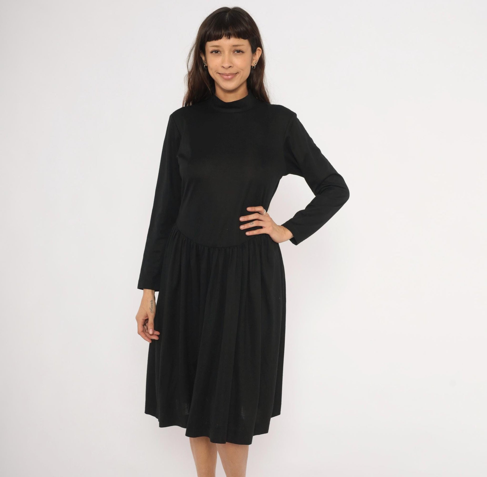 80s Vicky Vaughn Mock Neck Dress Black Drop Waist A-Line Medium M