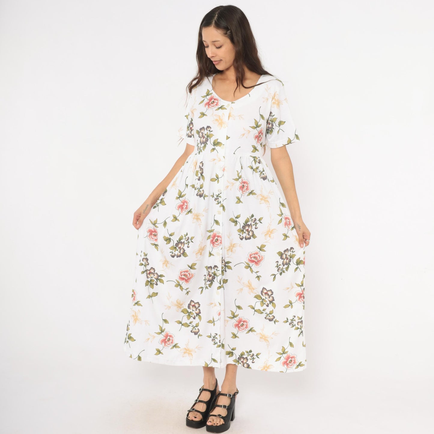 90s Bizzit Floral Maxi Dress White Pink Roses Short Sleeve Empire Waist Medium