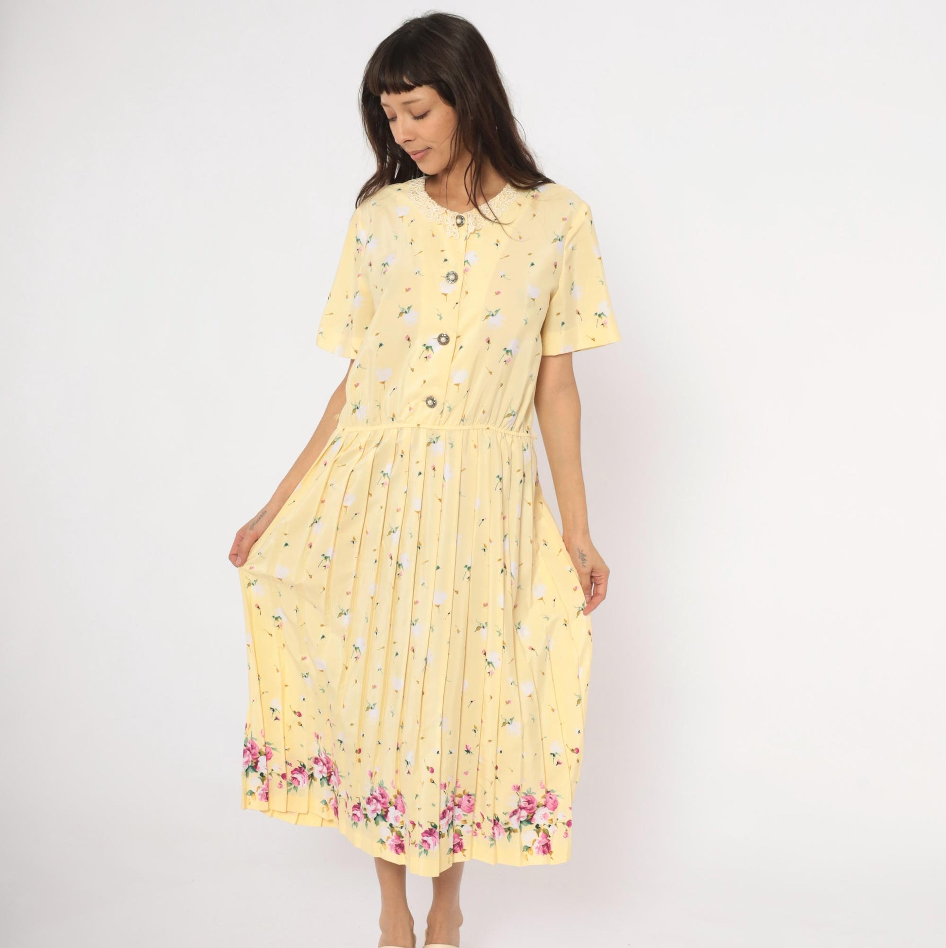 80s Leslie Fay Butter Yellow Floral Midi Dress Lace Collar Pleated Skirt Large L