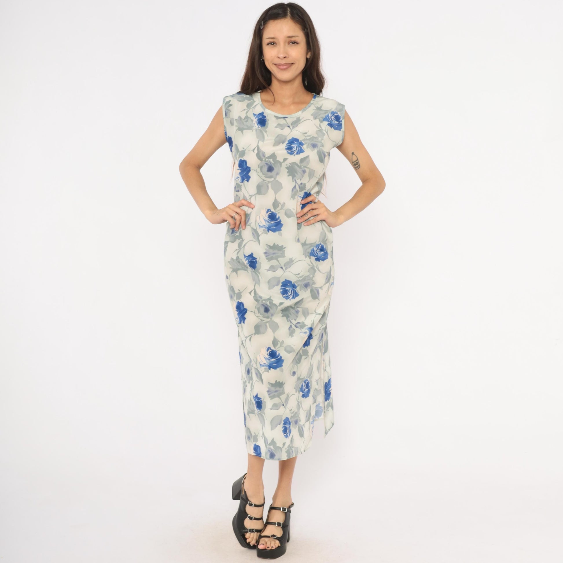 90s Steps Blue Rose Watercolor Midi Dress Ivory Chiffon Cap Sleeve Small S