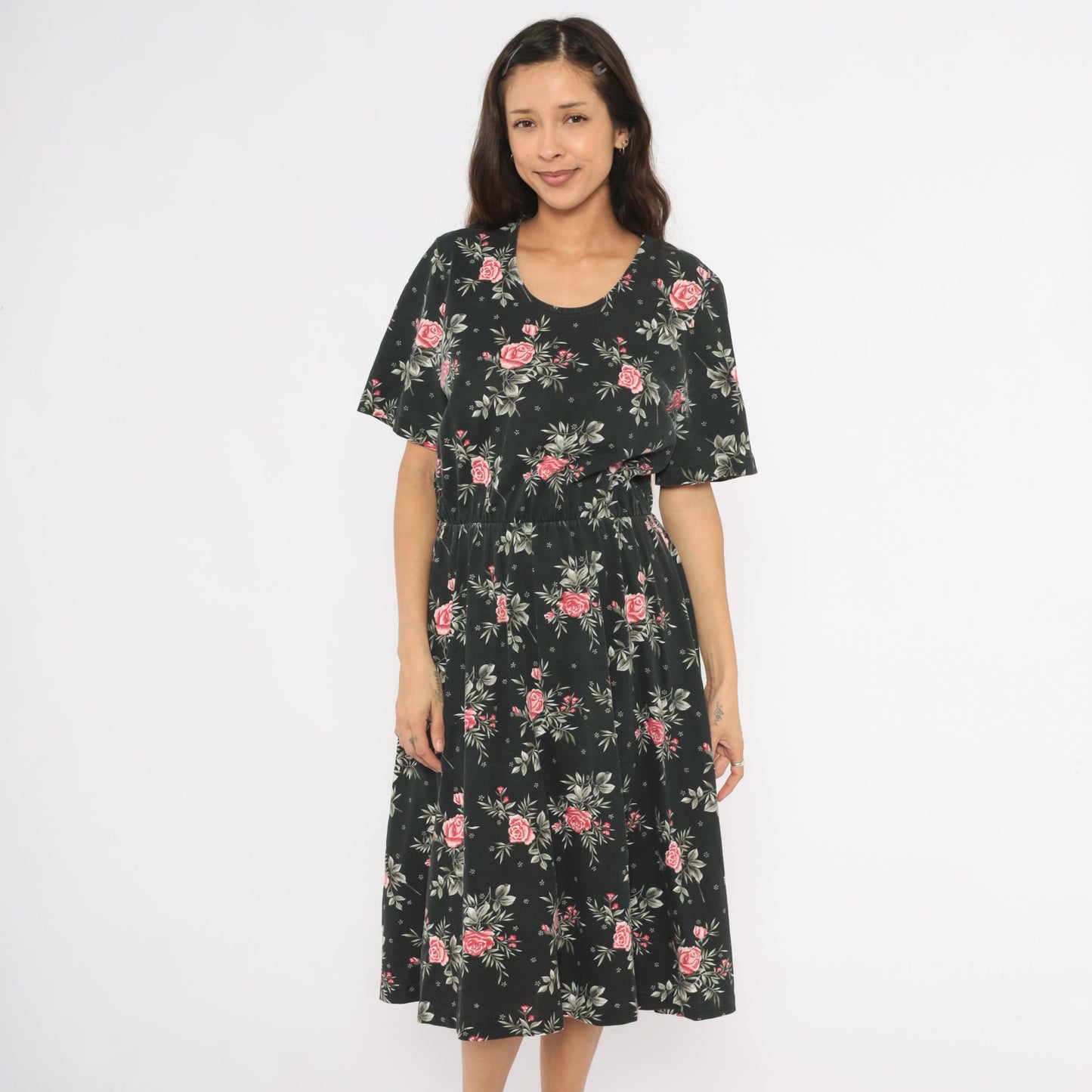 90s Black Midi Dress Pink Rose Floral Print Elastic Waist Cotton Medium M