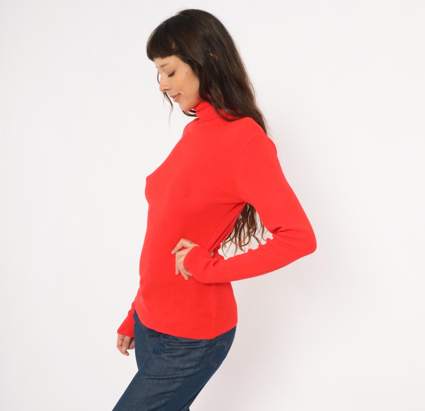 70s Red Turtleneck Sweater Ribbed Knit Pullover Button Cuff Medium Large