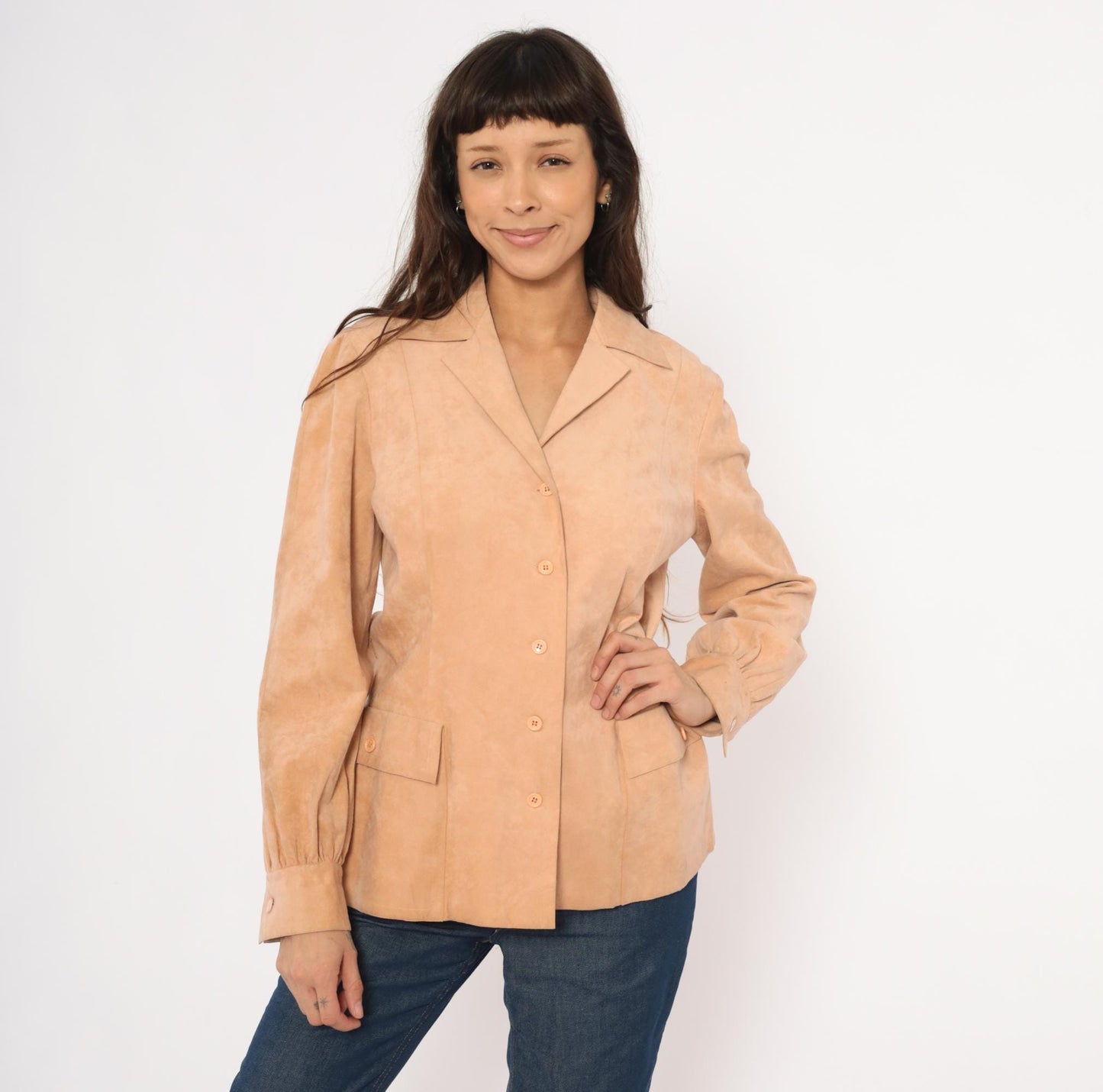 80s Mollie Parnis Tan Suede Blazer Patch Pocket Gathered Cuff Medium M