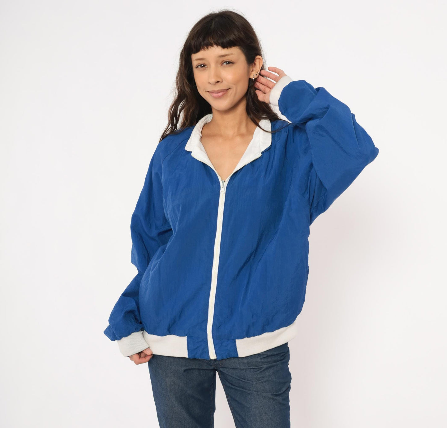 80s Sasson Reversible Windbreaker Blue White Colorblock Raglan Jacket Large