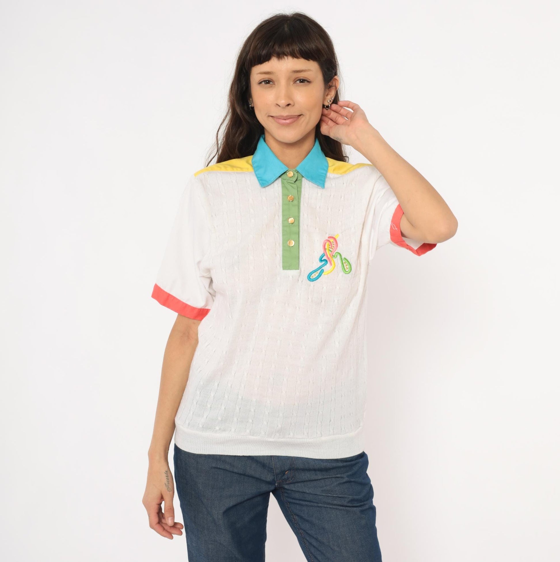 80s Joyce Colorblock Cable Knit Polo Embroidered Multicolor Medium