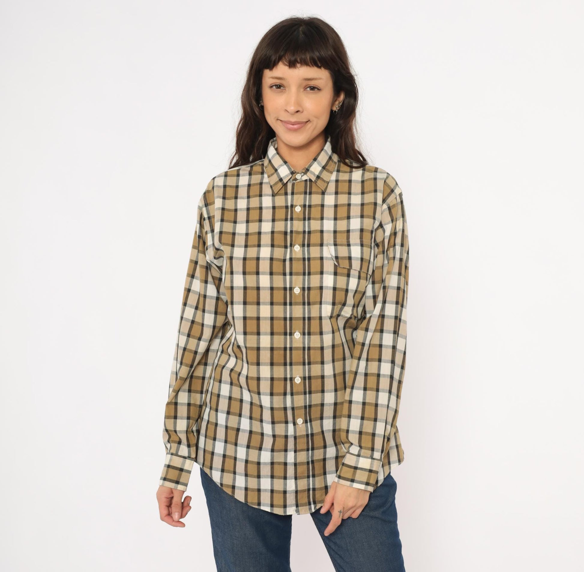 90s Steeplechase Plaid Button-Up Shirt Tan Navy Cream Medium