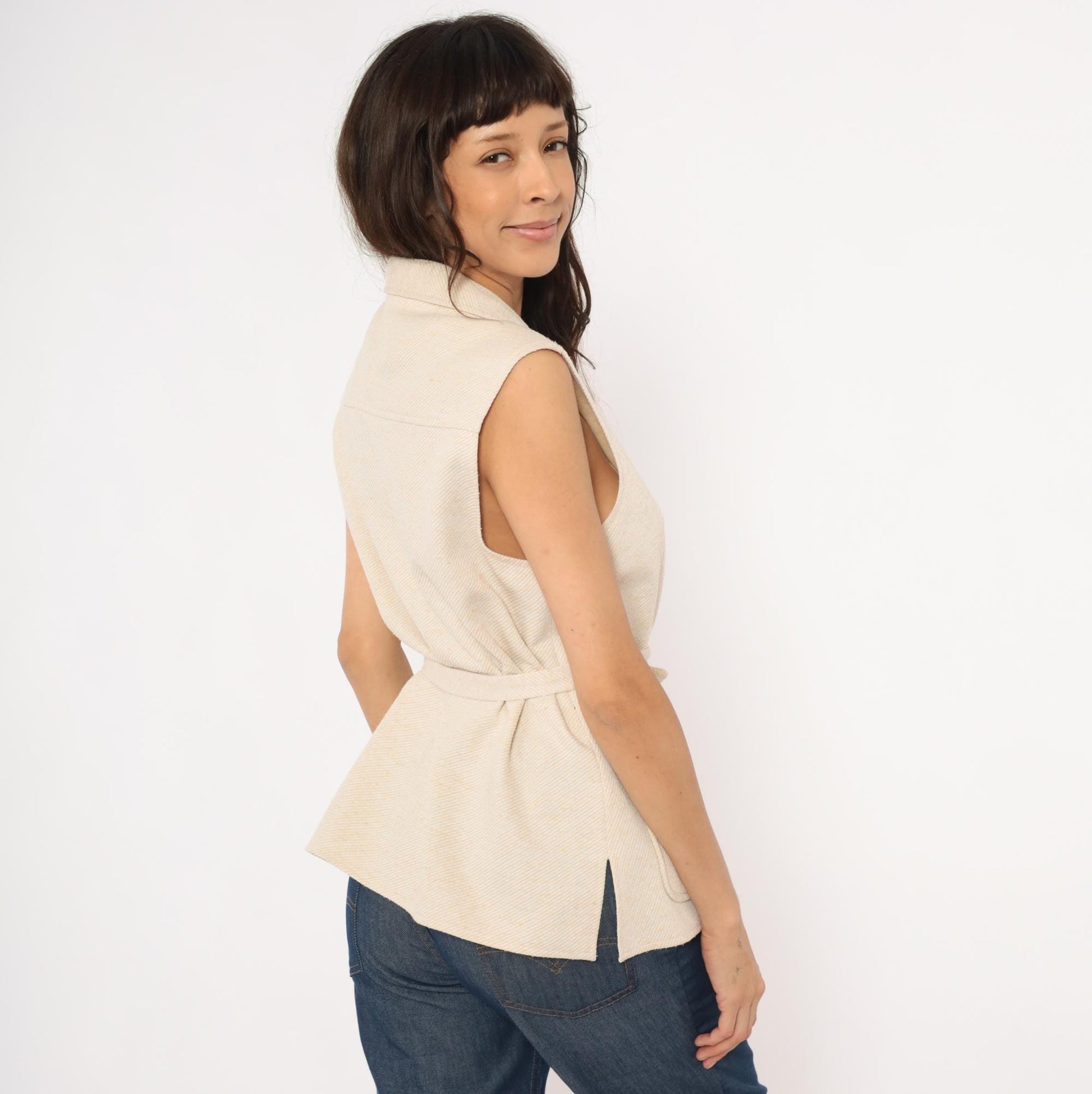70s Cream Belted Vest Notched Lapel Button Front Tailored Waistcoat Medium