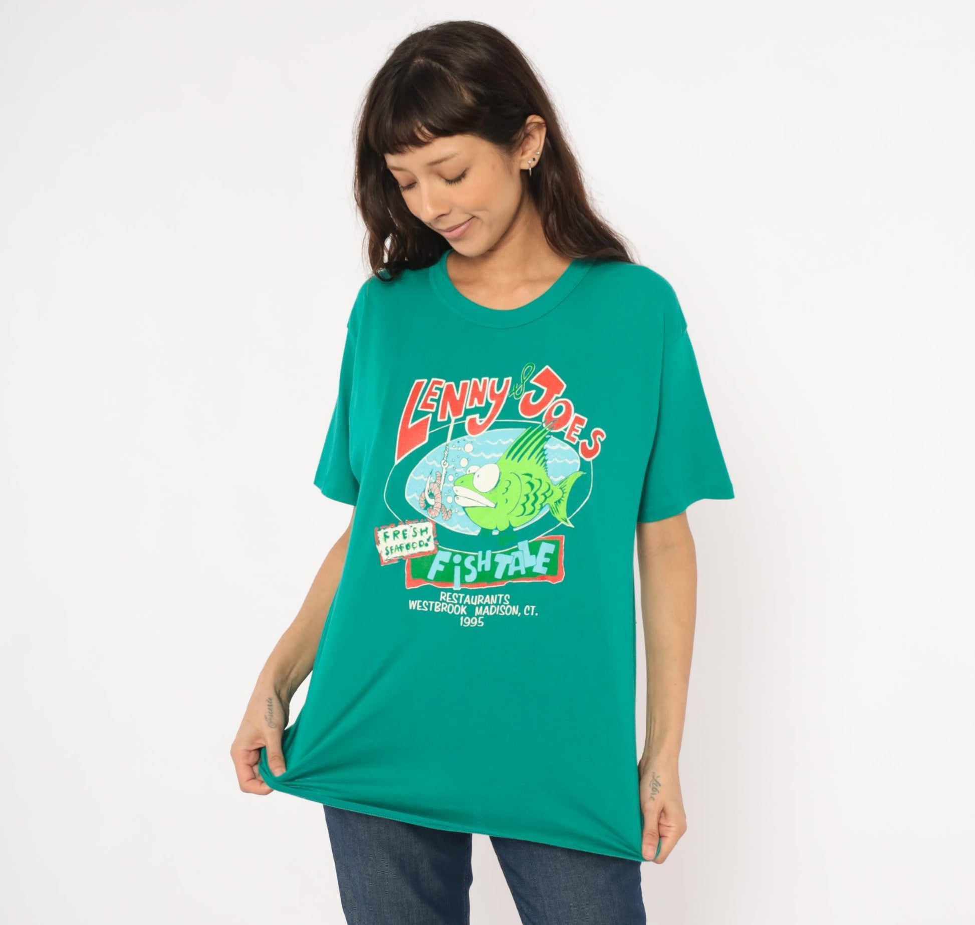 90s Lenny & Joe's Fish Tale Teal Graphic Tee Cotton Cartoon Fish Large L