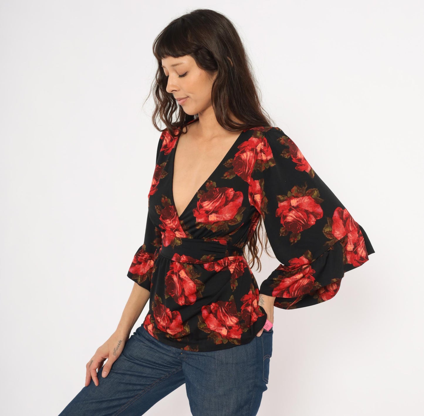 Betsey Johnson 2000s Rose Print Wrap Top Black Bell Sleeve Peplum Small