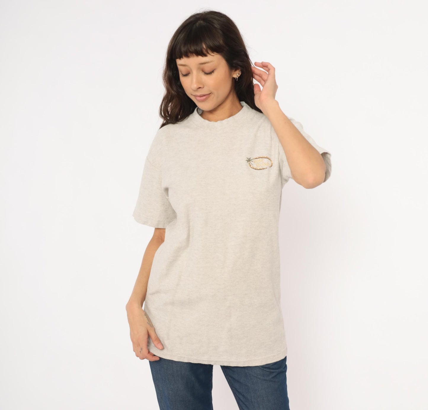 90s King Cotton Hobe Sound Palm Tree Embroidered Tee Oatmeal Medium