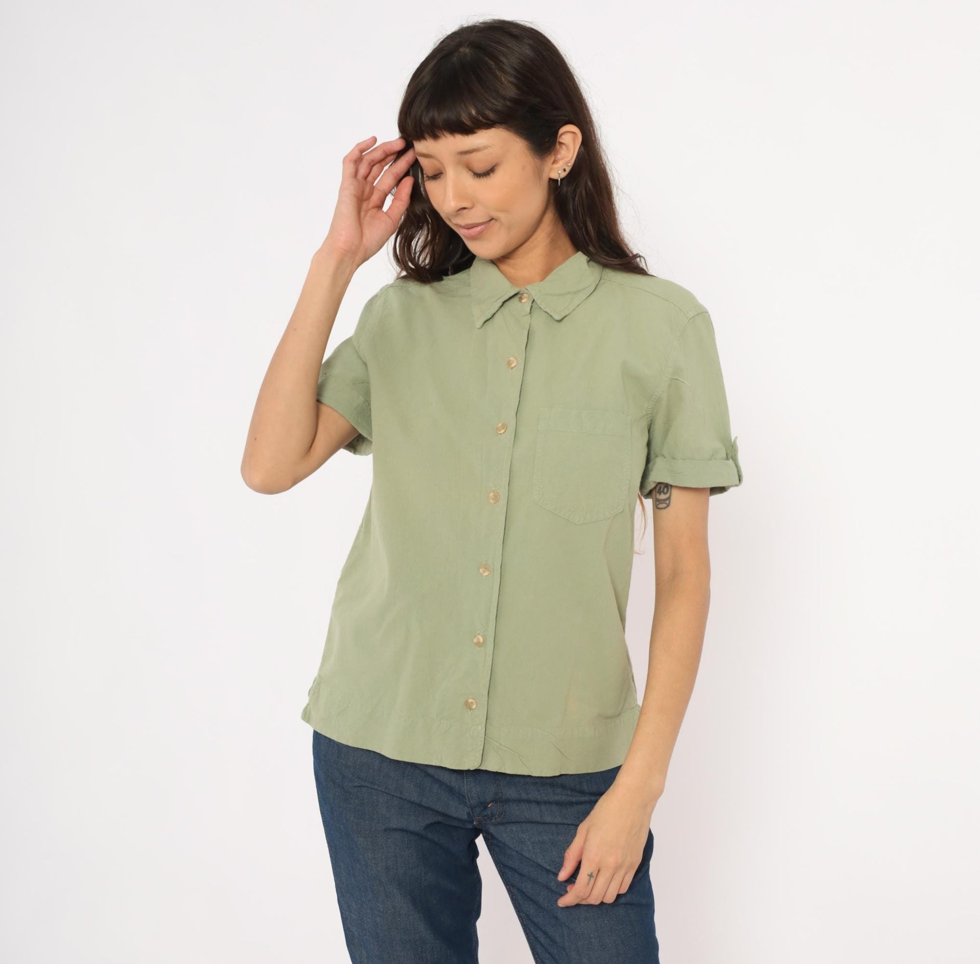 90s Erika & Co Olive Cotton Camp Collar Shirt Sage Green Rolled Sleeve Small