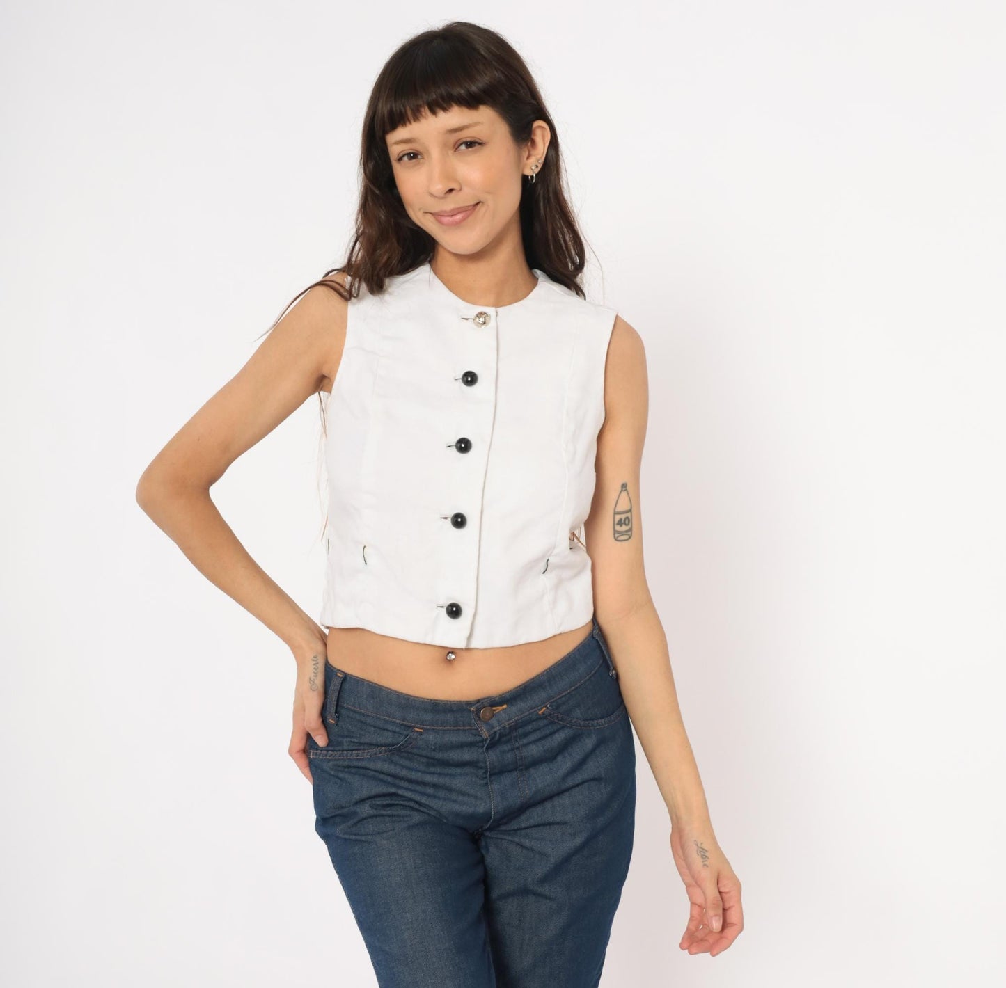 60s Rembrandt Linen Vest White Button Front Sleeveless Crop Top Extra Small XS