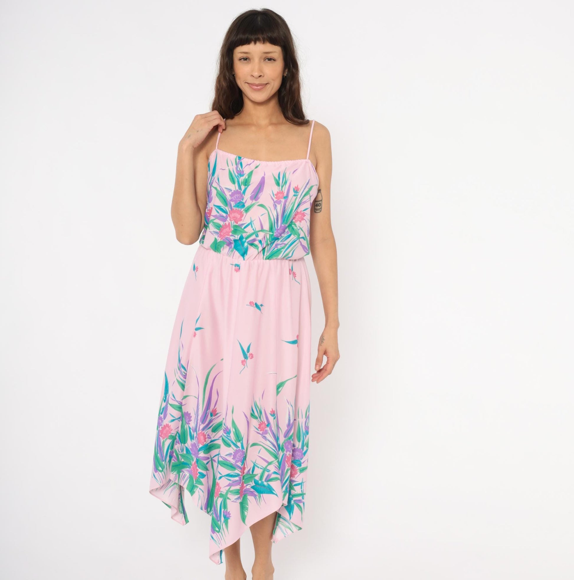 70s Floral Sundress Pink Purple Tropical Print Handkerchief Hem Medium