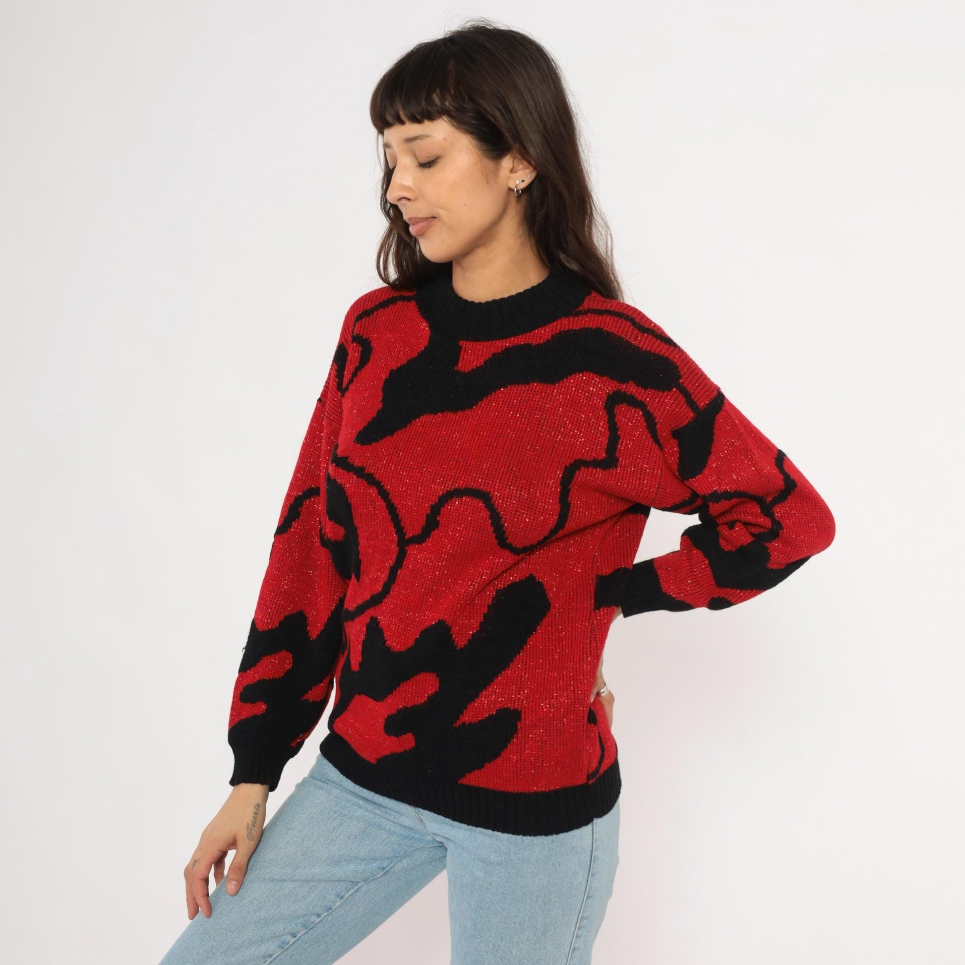 90s Rose Red Black Abstract Knit Pullover Shimmer Sweater Medium M