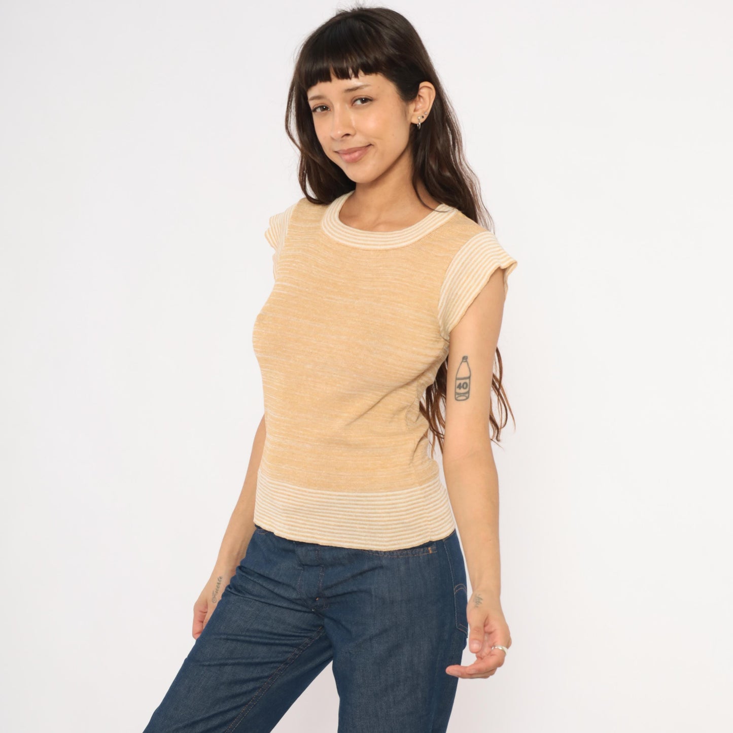 70s Tan Cream Striped Knit Top Cap Sleeve Scoop Neck Small S