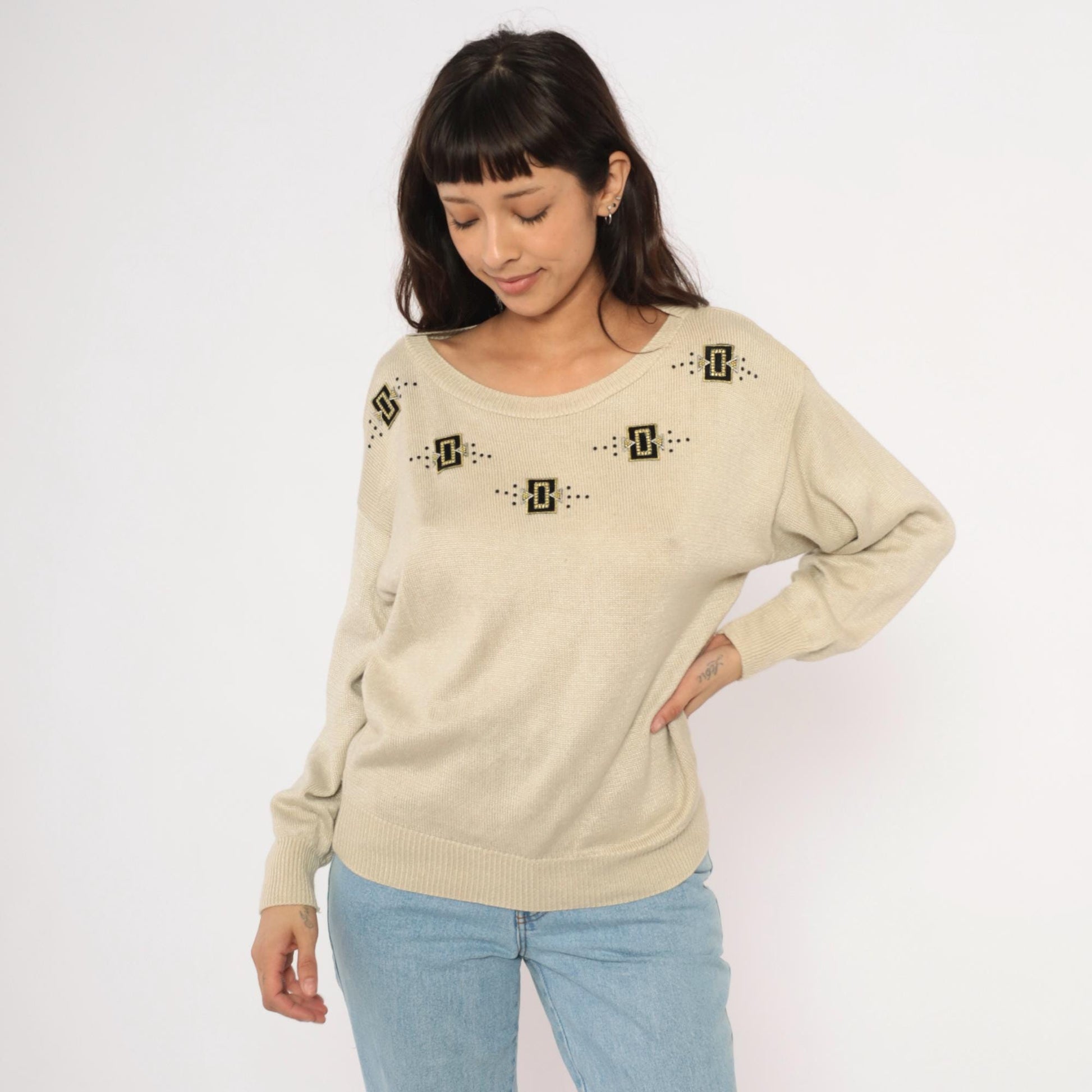 80s Fern Wagner Tan Knit Sweater Beaded Geometric Applique Small