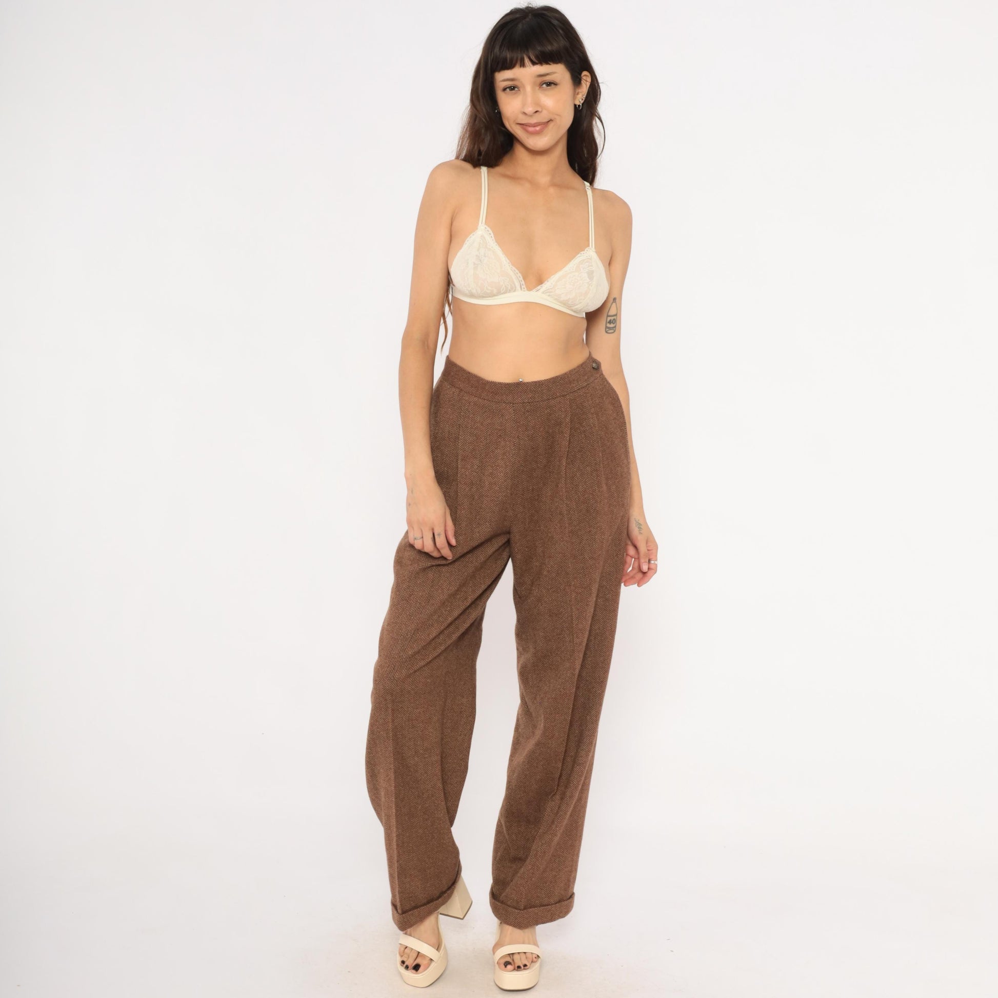 Ralph Lauren Wool Herringbone Trousers 90s Brown Pleated High Waist Large L