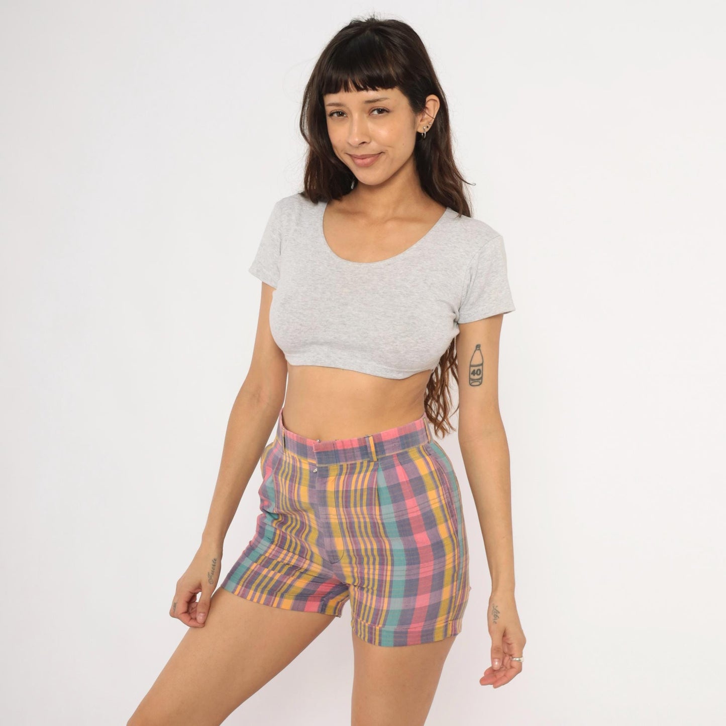 70s Skeets Madras Plaid Shorts Pink Purple Teal High Waist Cotton Medium M