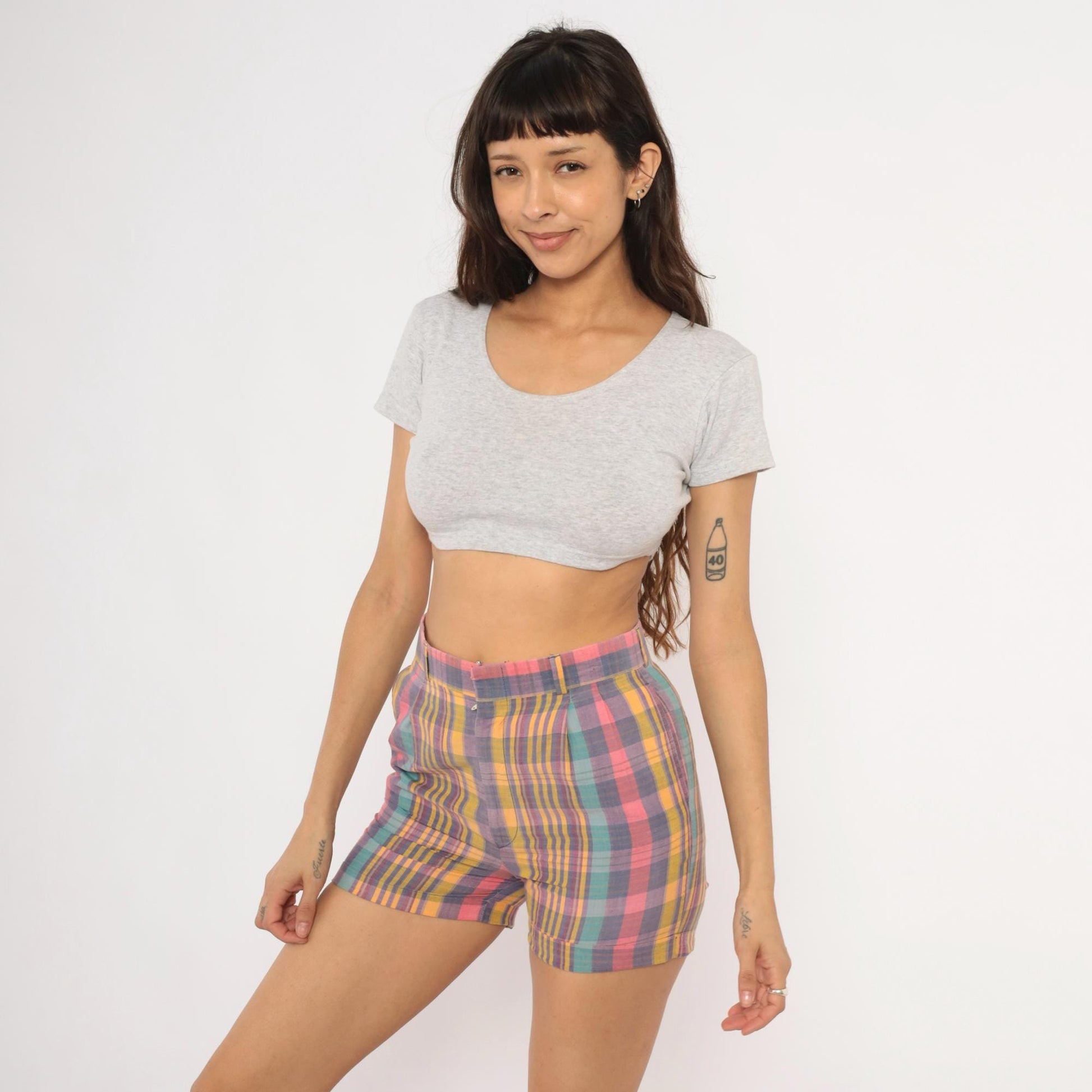 70s Skeets Madras Plaid Shorts Pink Purple Teal High Waist Cotton Medium M