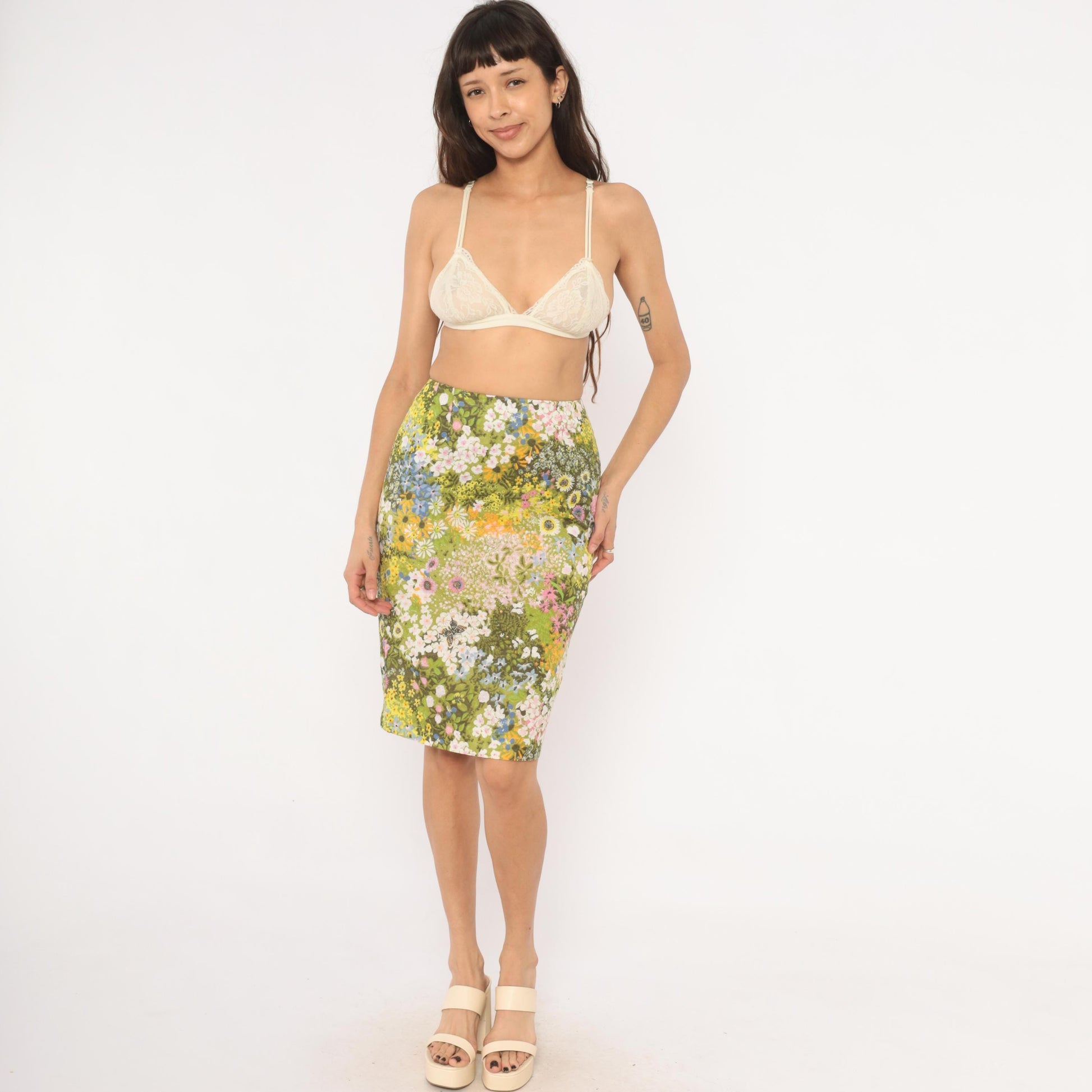 70s Wildflower Garden Pencil Skirt Green Floral Butterfly Print Knee Length Small