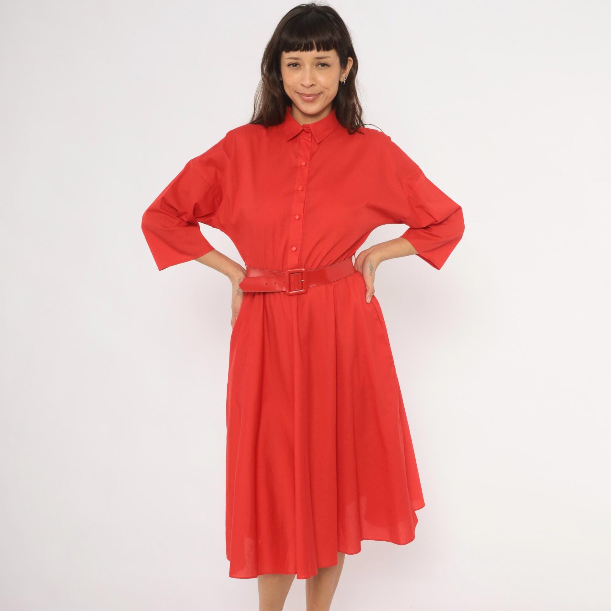 80s The American Shirt Dress Red Midi Button-Front Belted Waist Medium M