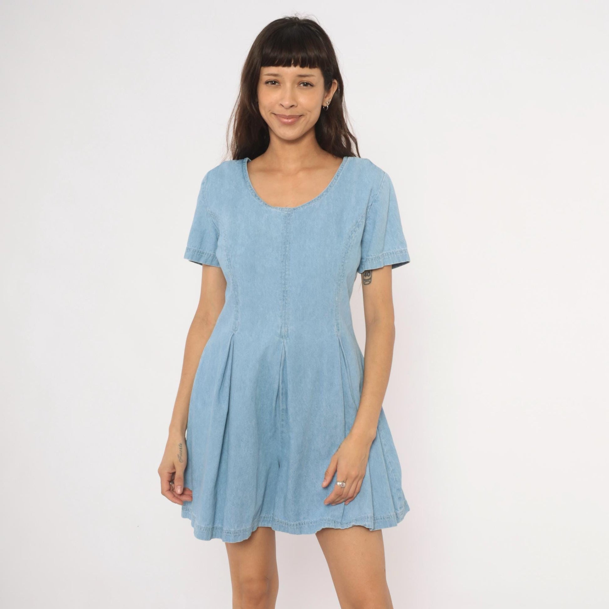 90s Styleworks Denim Romper Light Blue Scoop Neck Pleated Waist Medium M