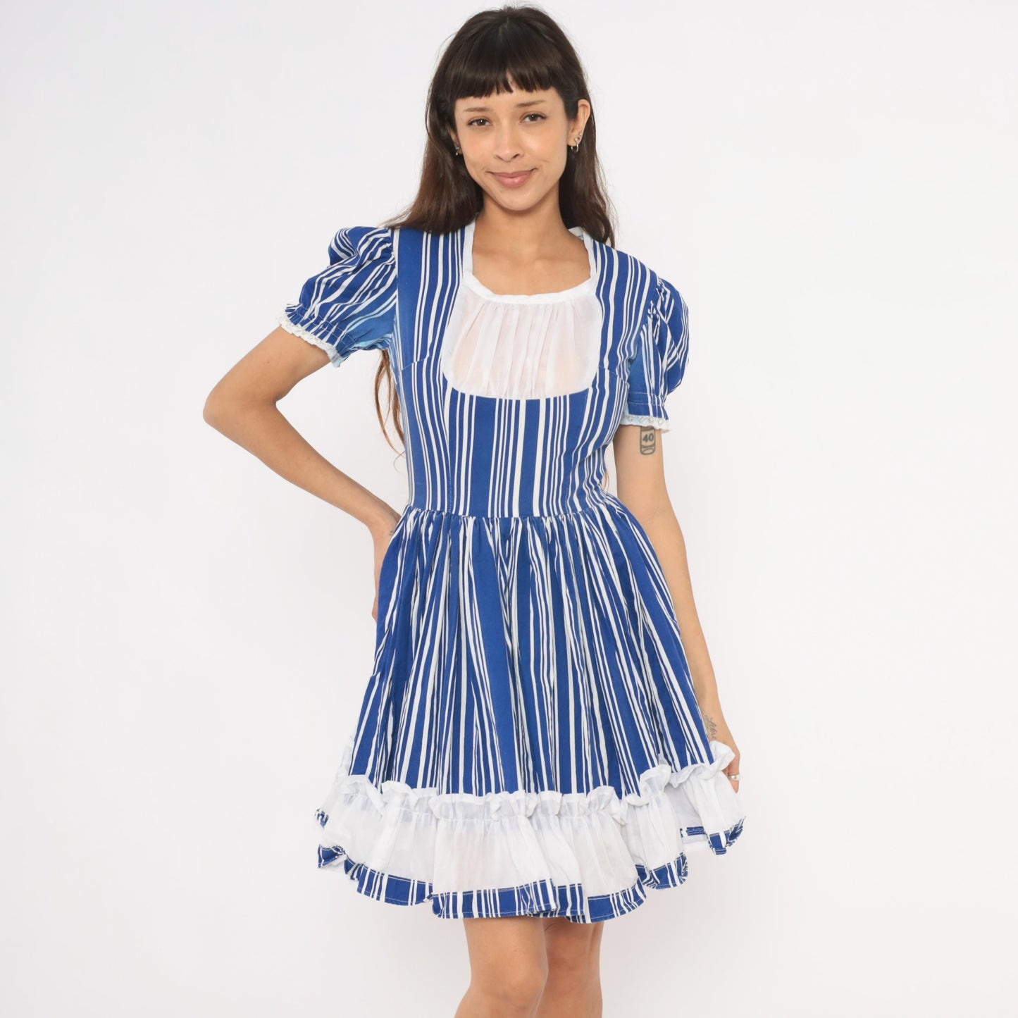 70s Striped Puff Sleeve Mini Dress Blue White Cotton Gathered Skirt Small S