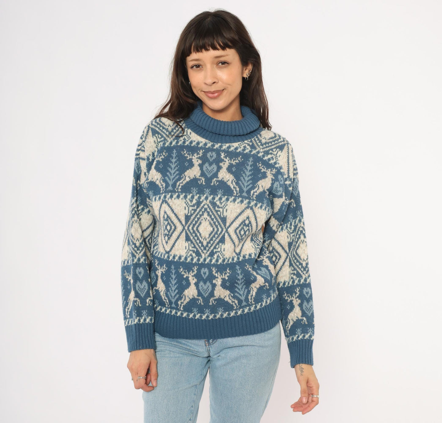 90s United States Sweaters Reindeer Fair Isle Turtleneck Blue Cream Small