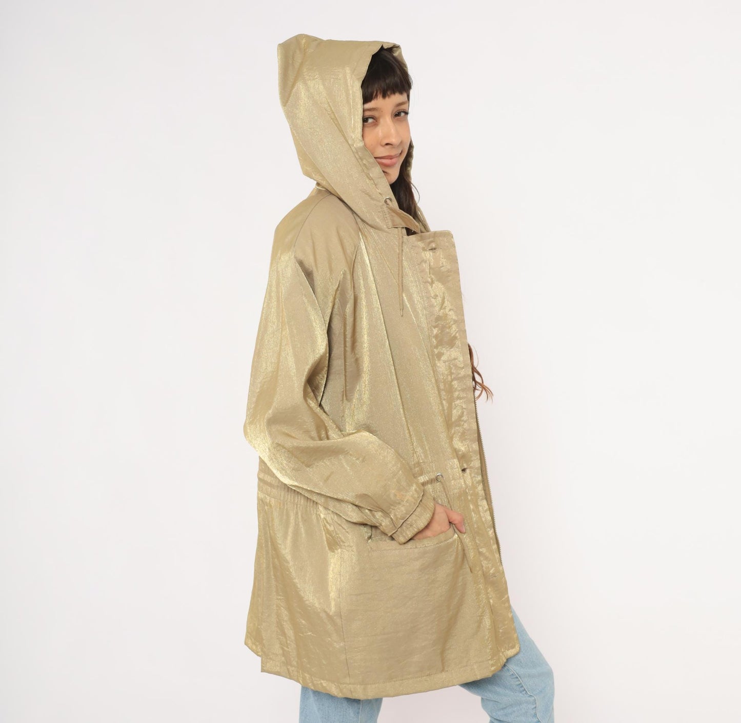 90s Diana Marco Gold Metallic Hooded Parka Windbreaker Large L