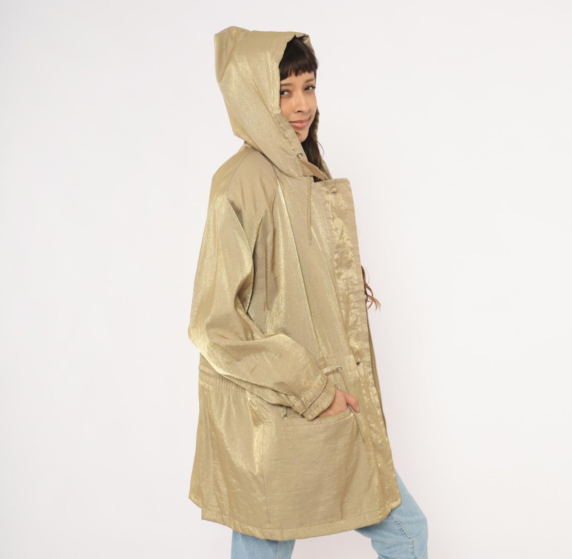 90s Diana Marco Gold Metallic Hooded Parka Windbreaker Large L