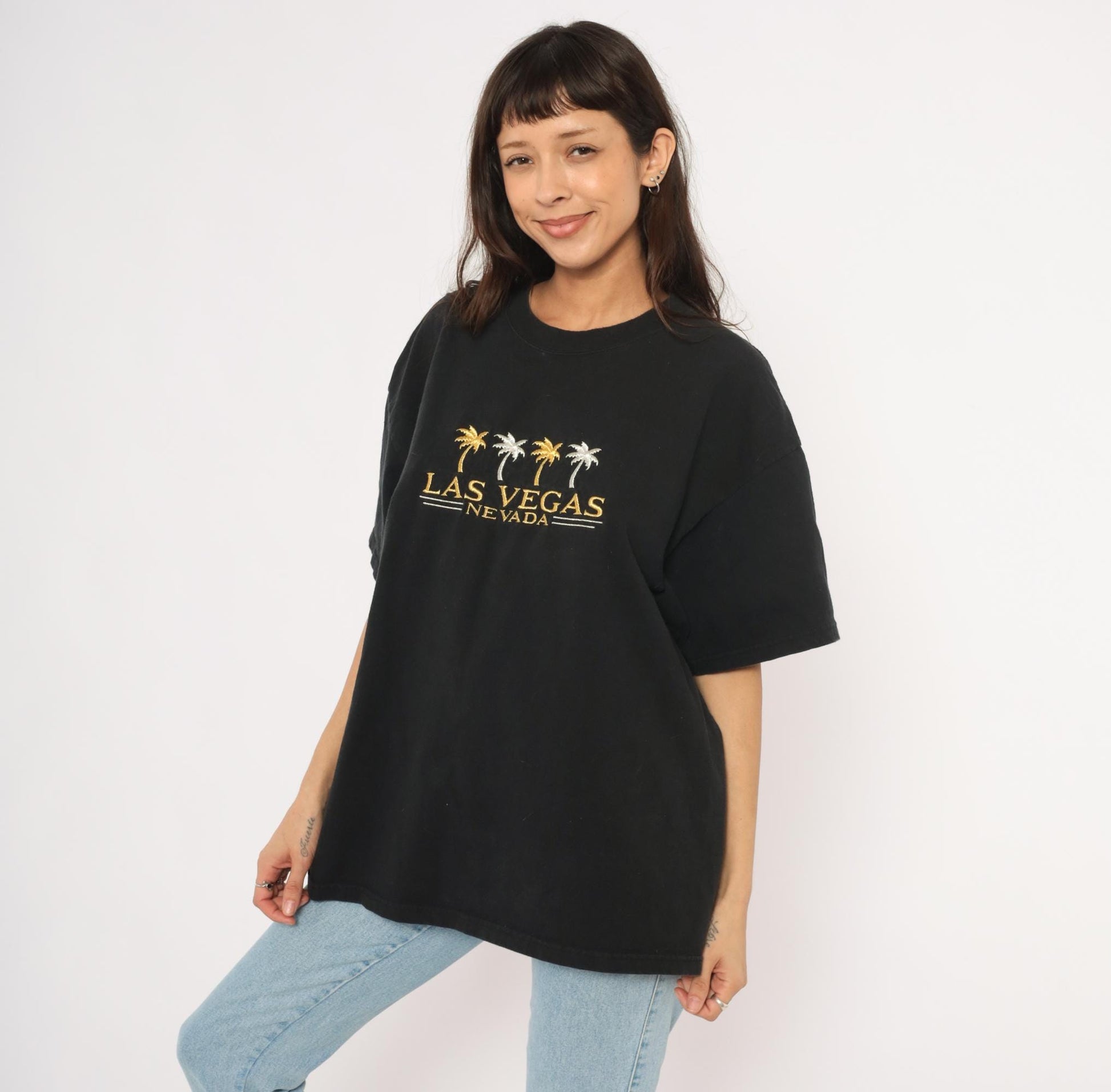 90s Las Vegas Nevada Embroidered Palm Tree Tee Black Cotton Mens Extra Large XL