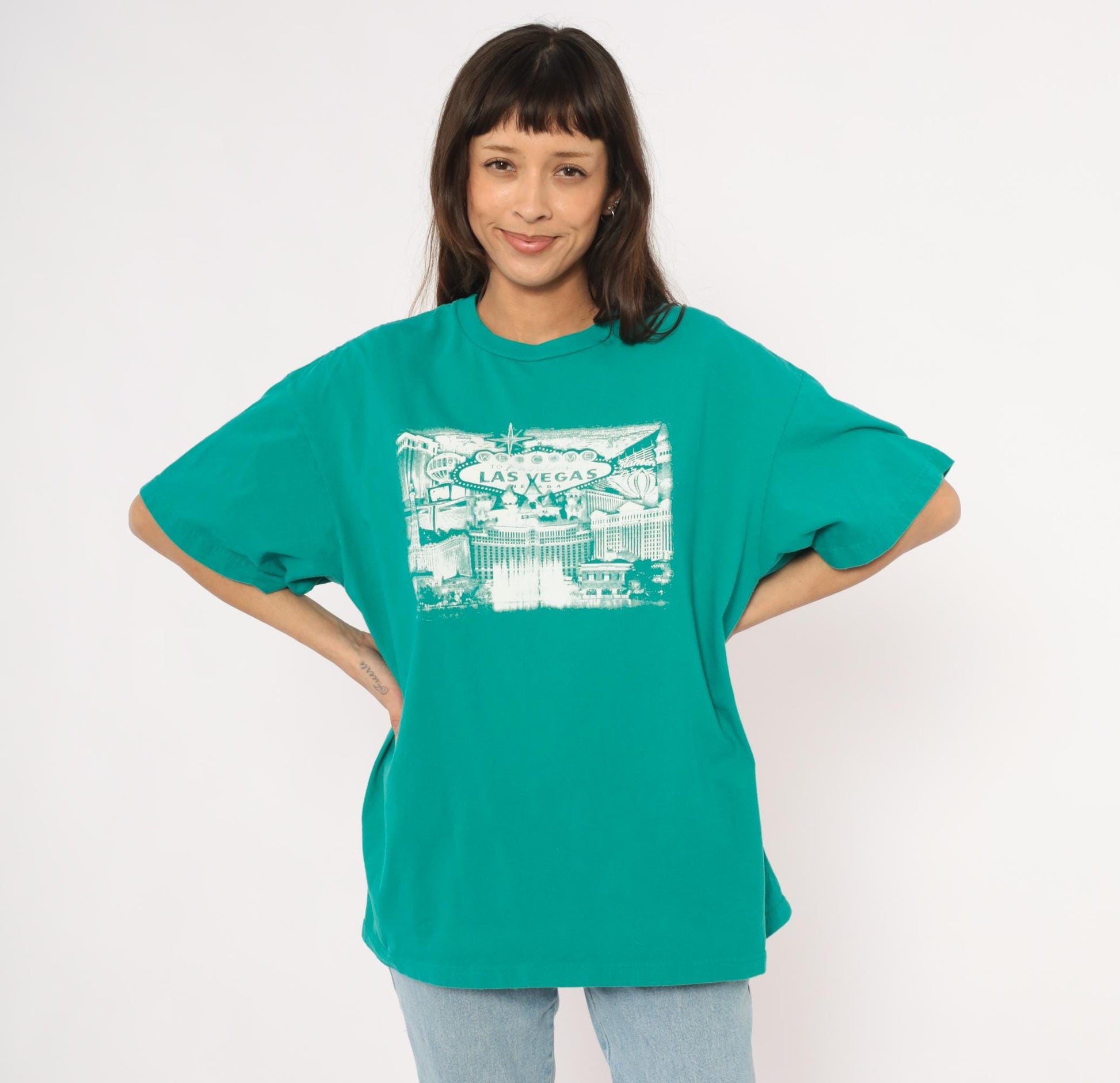 90s Suna Las Vegas Skyline Teal Graphic Tee Plus Size XXL