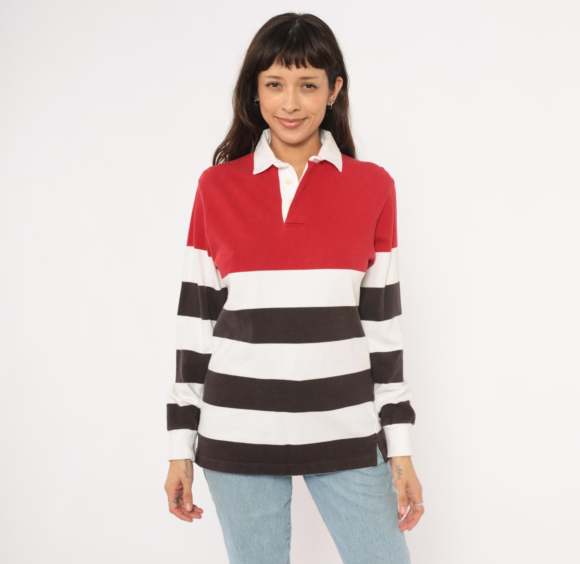 90s Cambridge Classics Rugby Shirt Striped Red White Brown Cotton Small