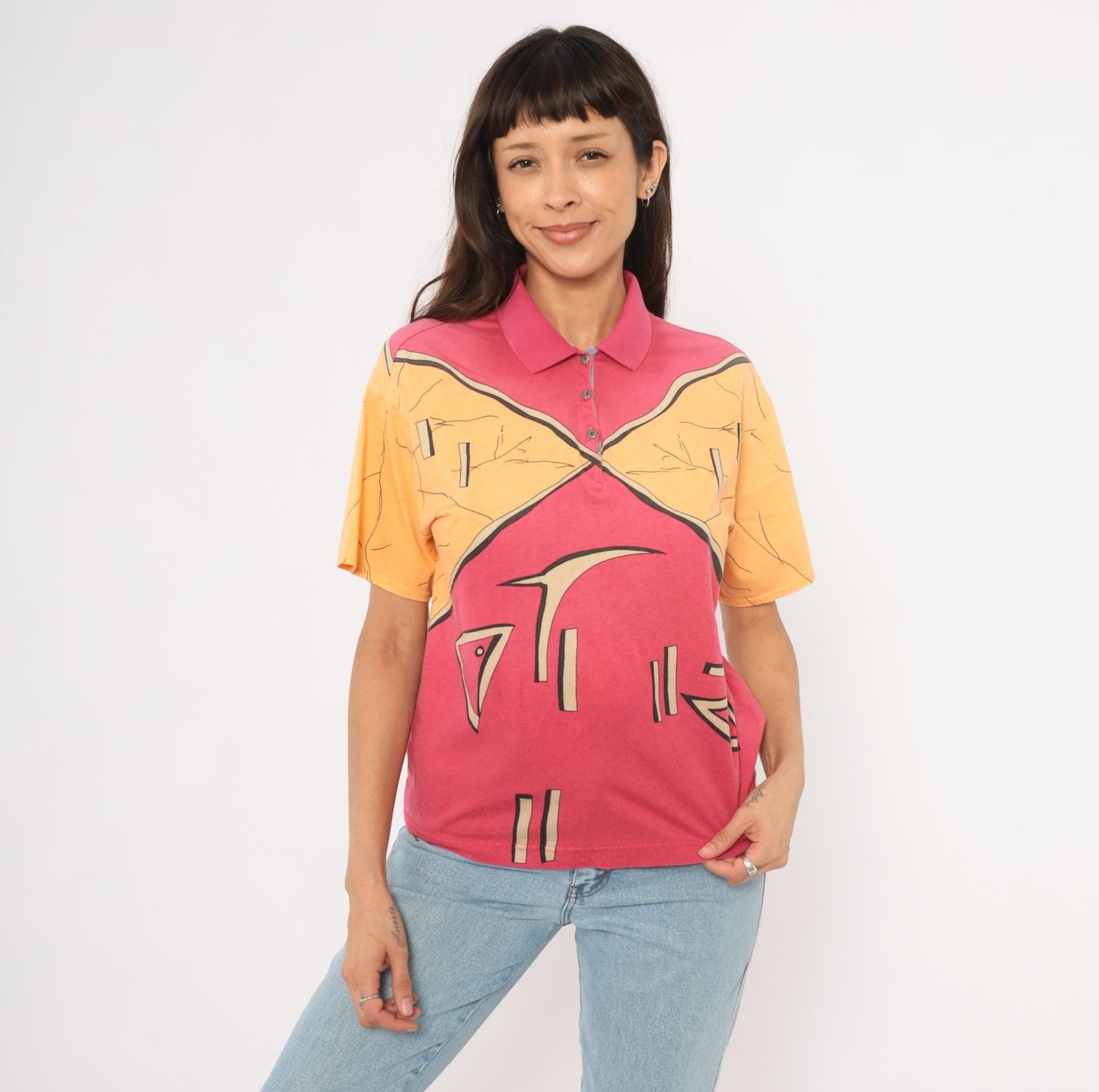 90s Ixspa Abstract Polo Pink Orange Cotton Geometric Graphic Medium