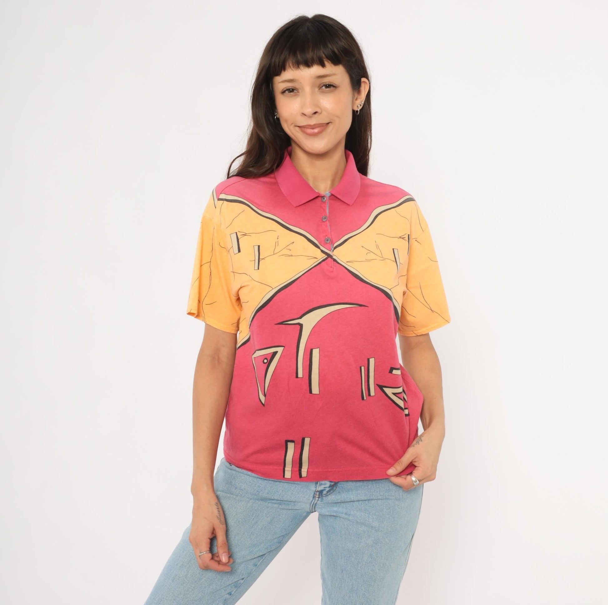 90s Ixspa Abstract Polo Pink Orange Cotton Geometric Graphic Medium