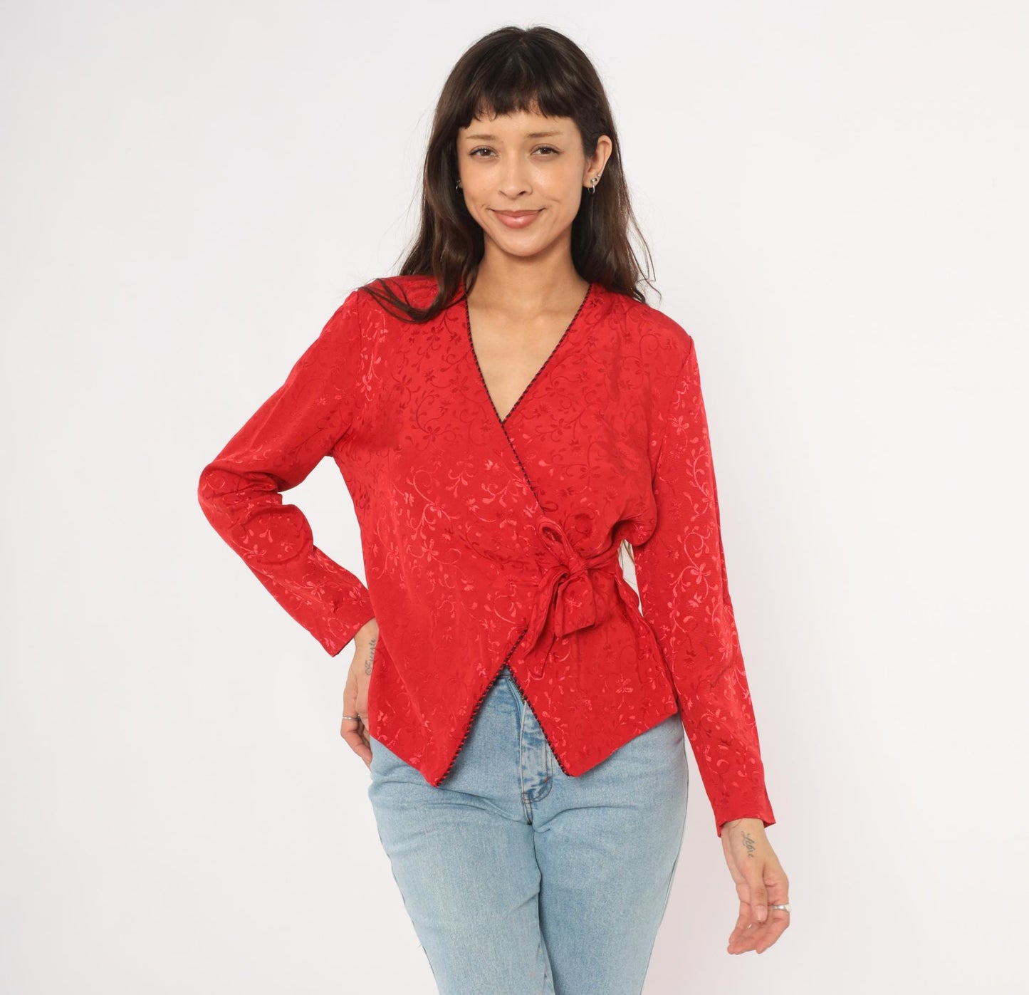 90s SL Petites Red Jacquard Wrap Blouse Floral Vine Embossed Small S